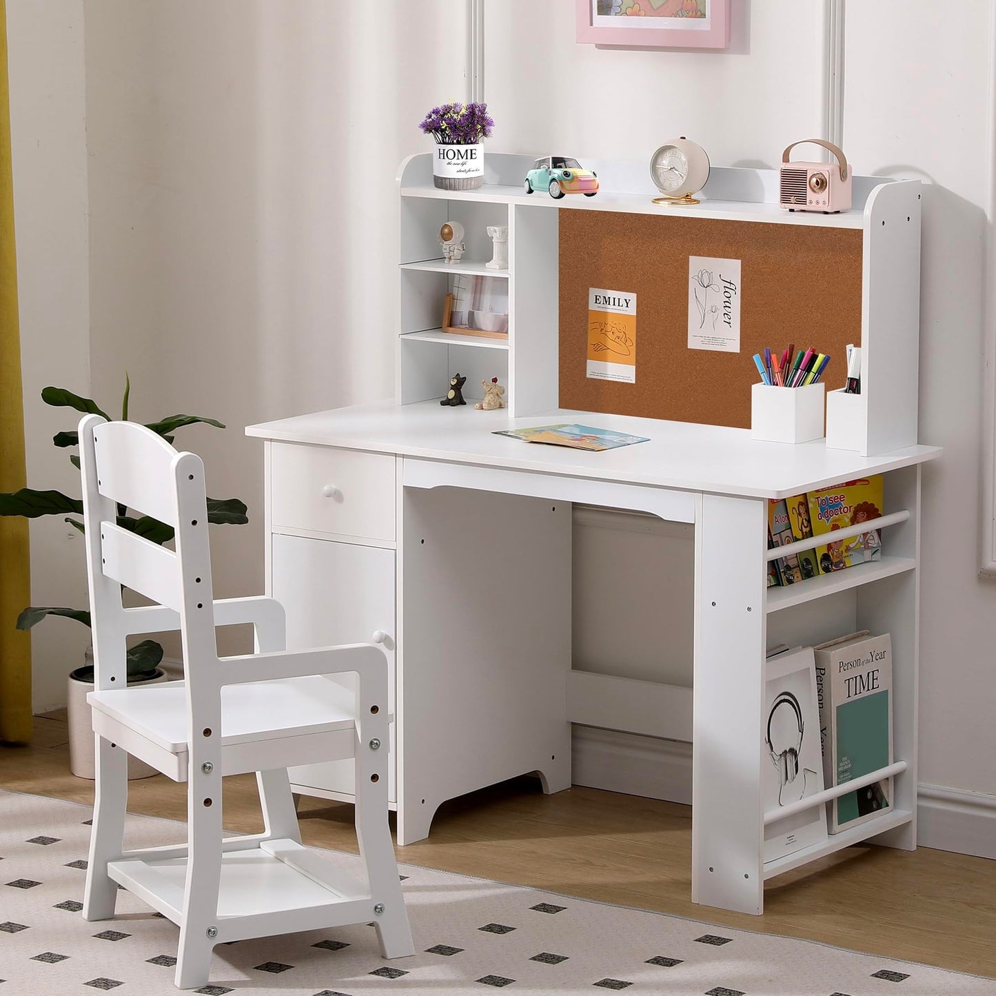 GarveeHome Kids Desk and Chair Set, Wooden Study Table with Storage Shelf, Bulletin Board, Children School Learning Desk Set, Writing Table for Boys and Girls, White