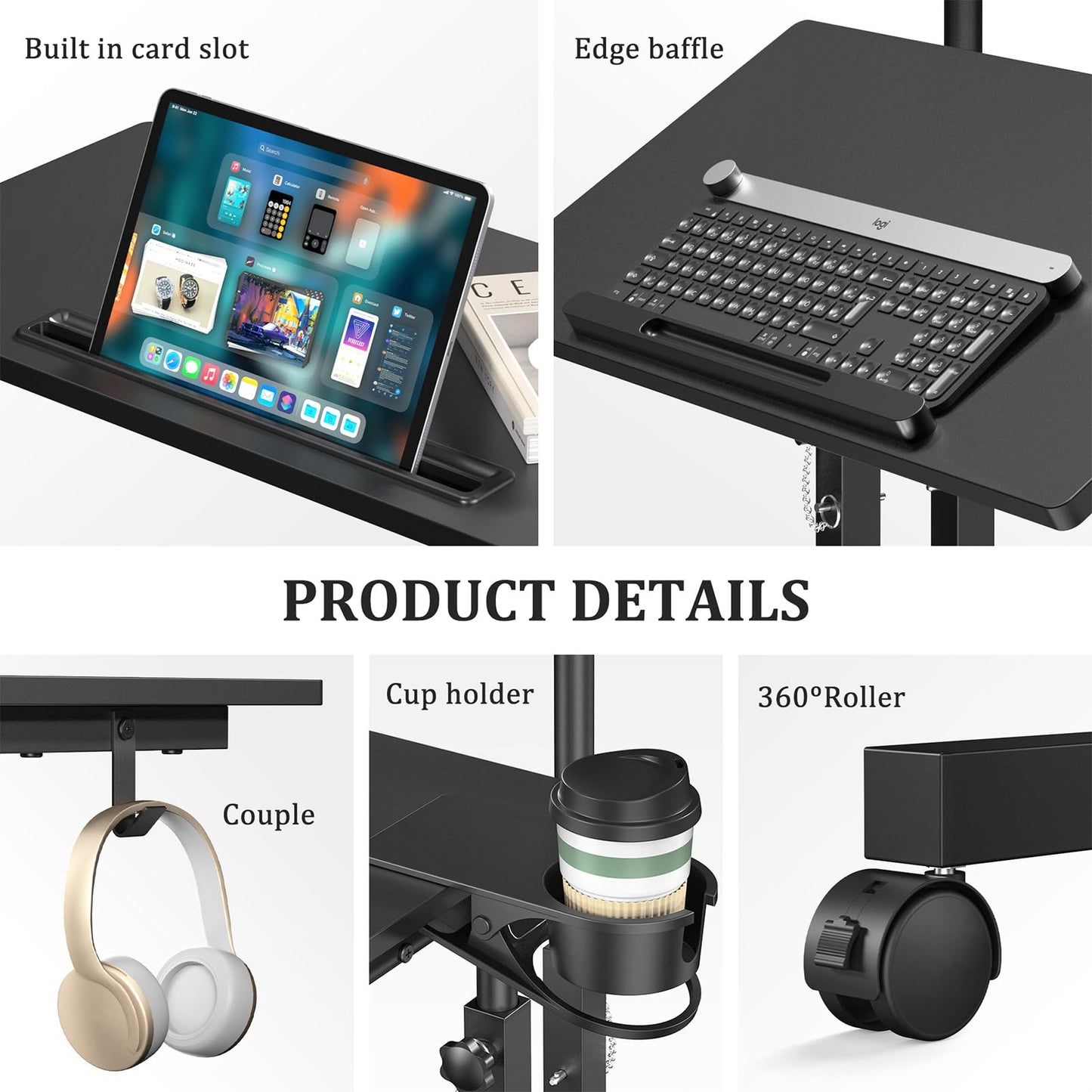 Enayplon Small Standing Desk with Wheels, Mobile Stand Up Desk, Portable Standing Table on Wheels for Walking Pad, Rolling Computer Desk Adjustable Height, Tall Table