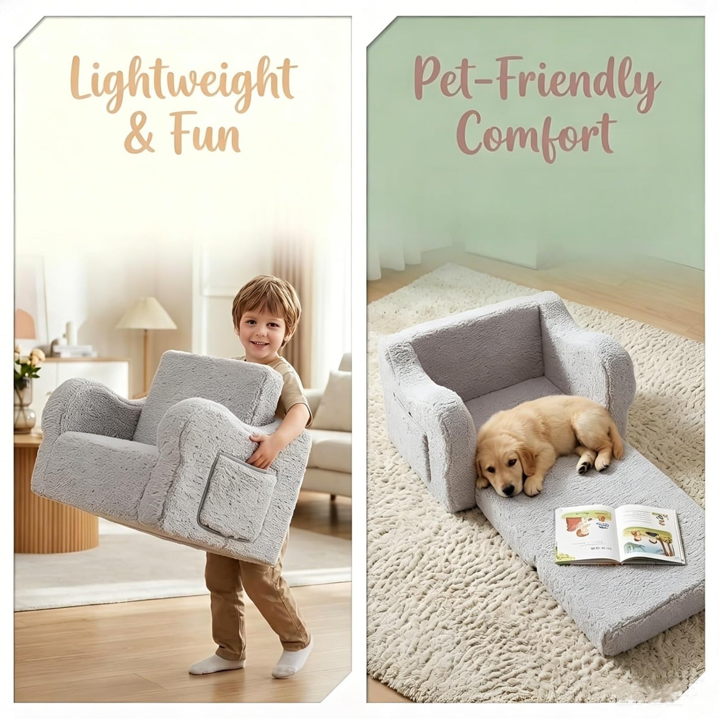 MOMCAYWEX Kids Sofa, 2-in-1 Flip-Out Foam Couch with Soft Sherpa Cover, Cozy Play Lounge Chair, Grey