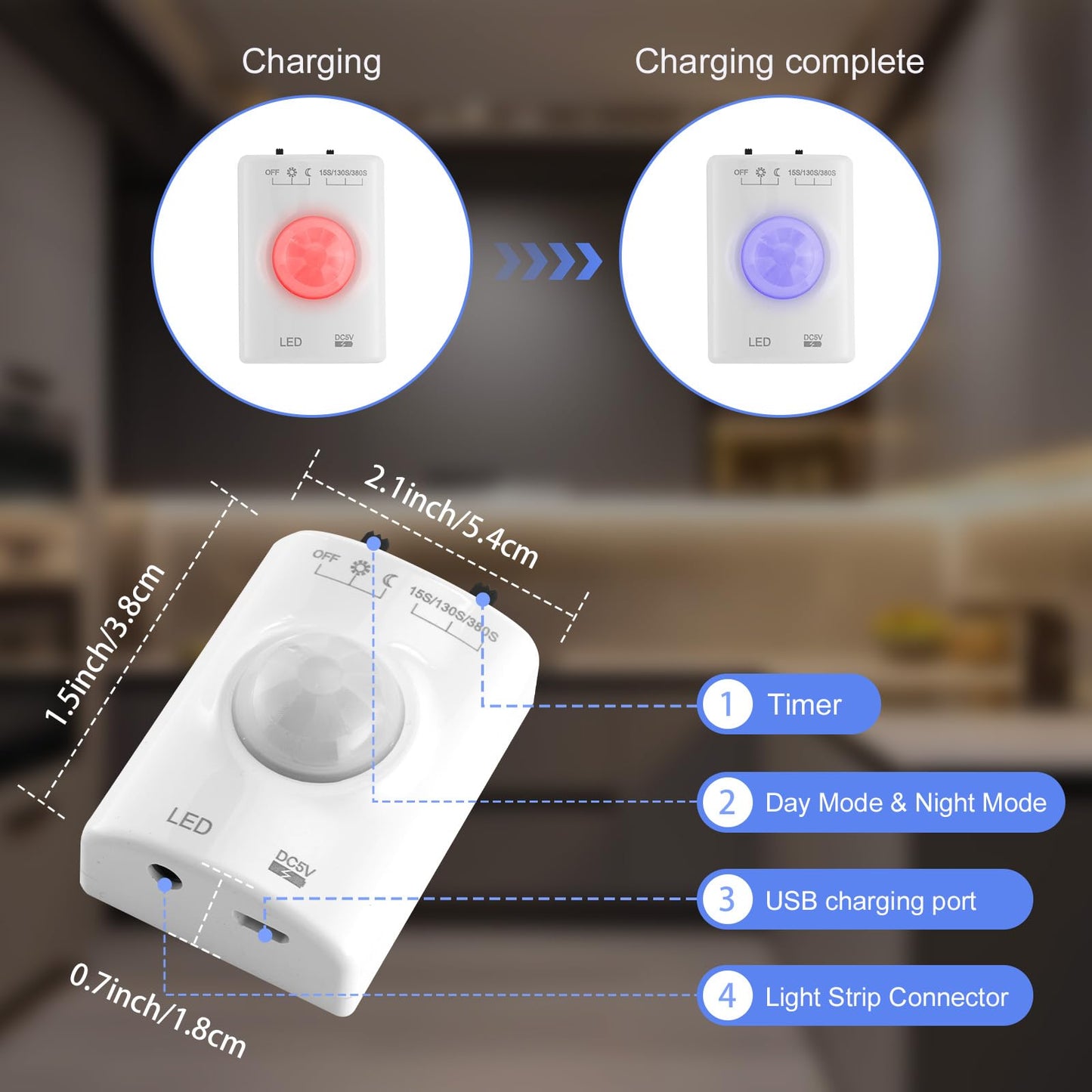 LUXJET Rechargeable Motion Sensor Wardrobe Light, 3.3ft Flexible LED Strip with 30LED, PIR and Light Sensor, Warm White Night Light for Bedroom, Kitchen, Wall, Closet, Cabinet