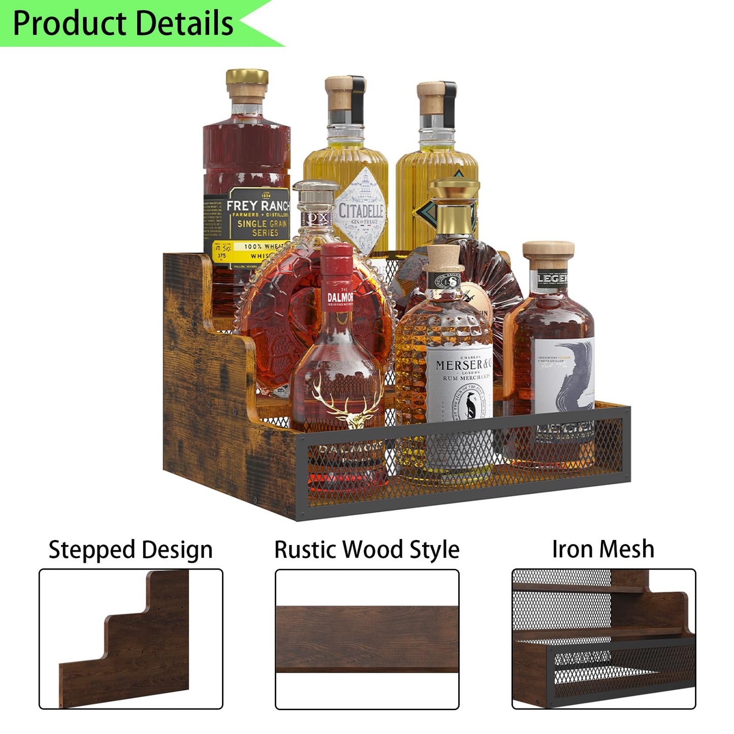 KOKSTOP 3-Tier Liquor Bottle Display Shelf, Rustic Wooden Bottle Holder Stand for Liquor Whiskey Wine Coffee Bottle Display with Fences, Storage Countertop Shelf for Café, Bar, Office Station
