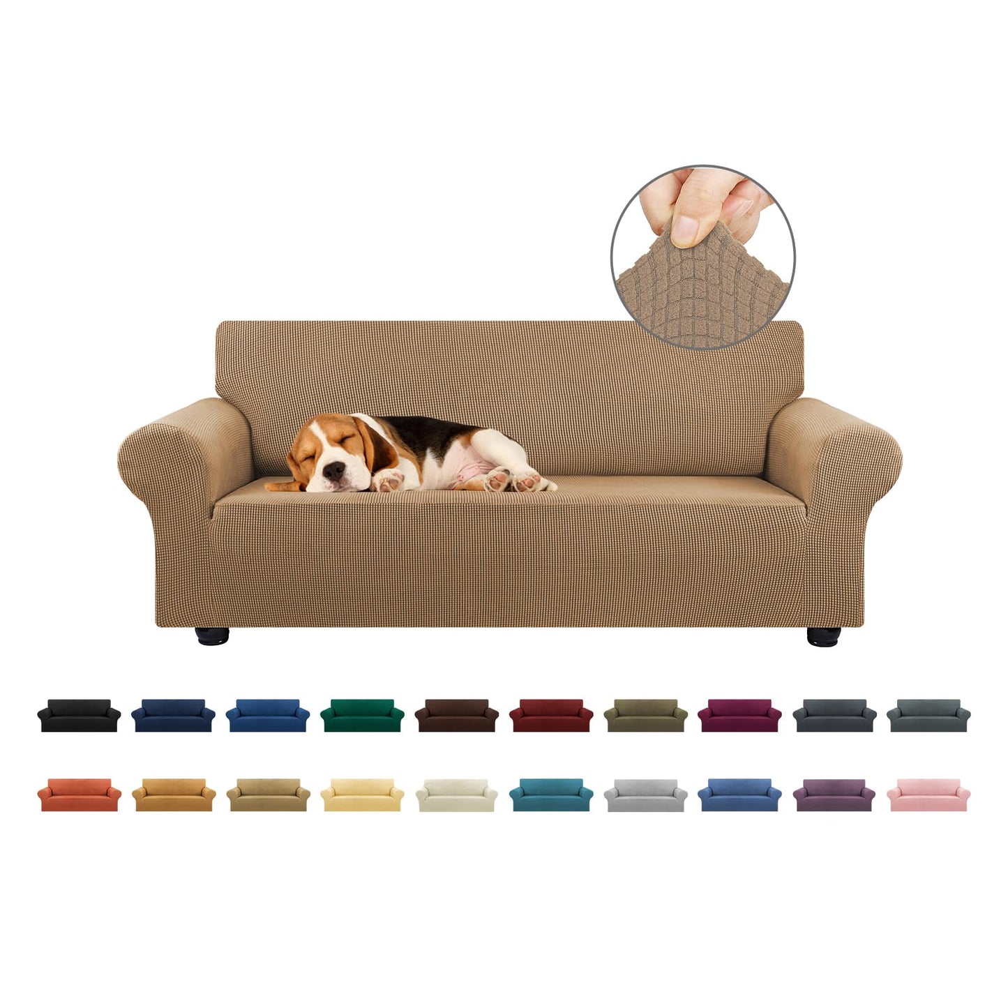 KEKUOU Stretch Loveseat Sofa Cover Slipcover,Couch Covers for 2 Cushion Couch Sofa (55"-78") Furniture Protector Sofa with Elastic Bottom for Kids,Dog. Jacquard Small Checked(Medium,Camel)