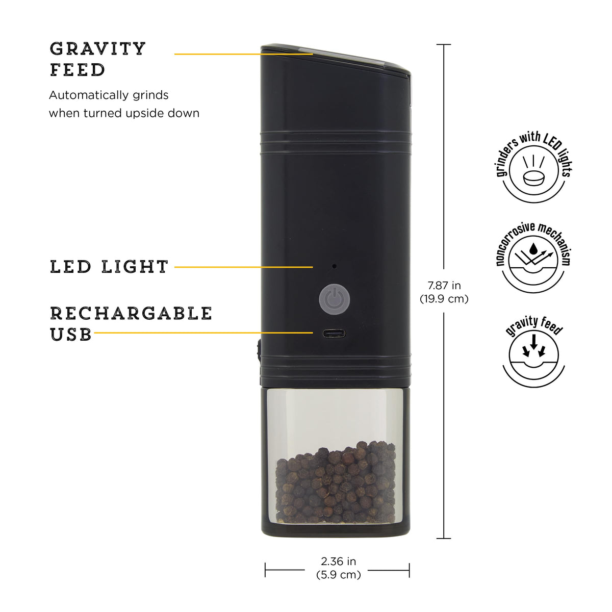 Kamenstein USB Rechargeable Gravity Feed Grinder, Filled With Peppercorns, Black