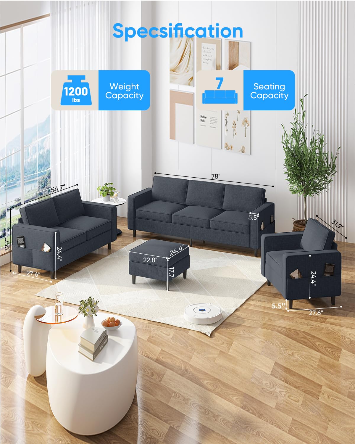 ADOWORE 3 Piece Living Room Sofa Set, Linen Fabric L Shaped Couch with Ottoman and Loveseat and Armchair Sets, Modern 3 Seater Sofa + Love Seat + Accent Chair Sets-Dark Grey