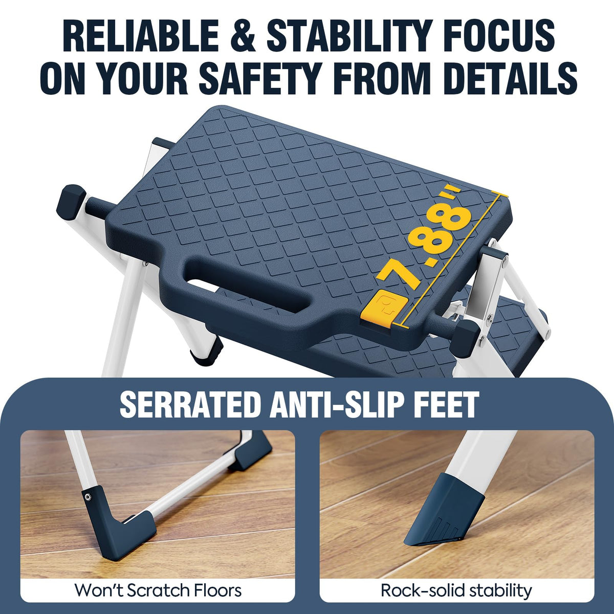 URACKIFY 2 Step Stool Foldable, Step Ladder with Non-Slip Rubber mat, Step Stool with Release Button, Lightweight Steel, Blue, for up to 330LBS.