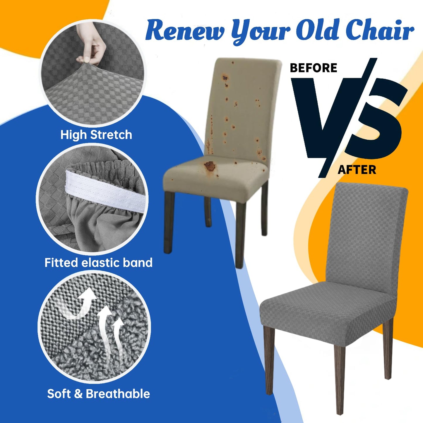 YEMYHOM 6 Packs Latest Checkered Dining Chair Slipcover Parsons Chair Furniture Protector Stretch Chair Covers for Dining Room, Restaurant, Kitchen, Party (Light Gray)