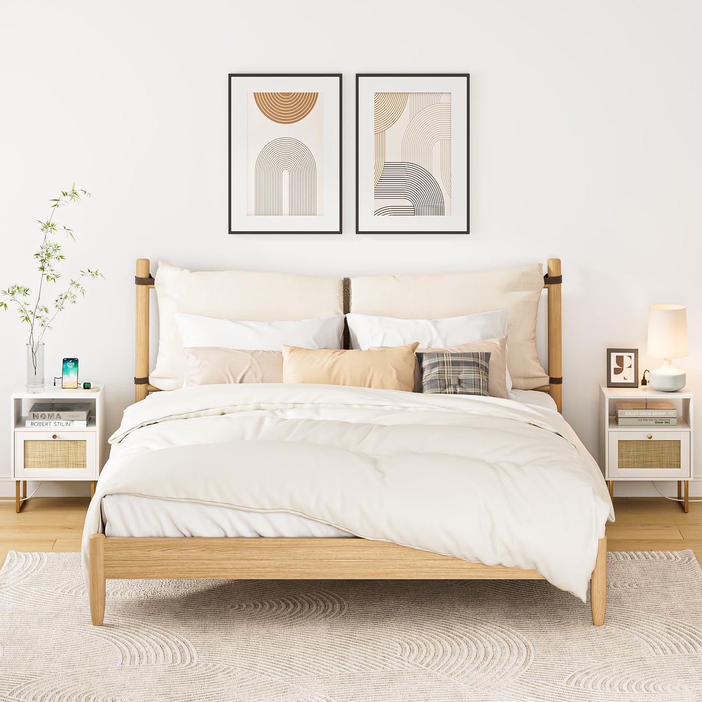 Masupu Rattan Nightstand with Charging Station,Modern Boho Farmhouse Wood Bedside Table with Storage Drawer and Open Shelf,Small Gold Frame Side End Table for Bedroom,Living Room,Office White