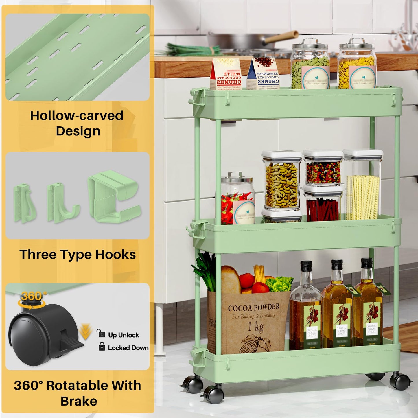 SPACEKEEPER Slim Rolling Storage Cart, 3 Tier Bathroom Organizer Utility Cart Laundry Room Organization Mobile Shelving Unit for Kitchen, Bathroom, Office, Bedroom, Narrow Places, Green