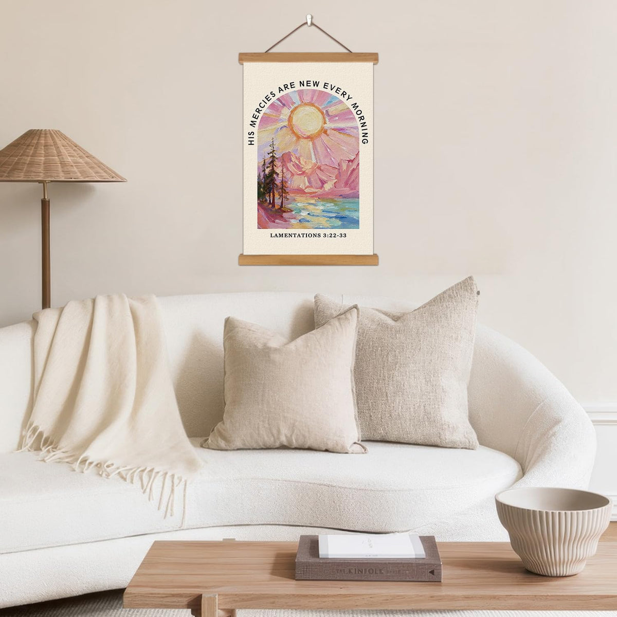 KAIRNE Christian Wall Decor,Inspirational Scripture Wall Art,Bible Verses Canvas Poster,Framed Abstract Religious Prints,Pink Mountain Landscape Paintings For Home Ling Room Bedroom Church Decoration