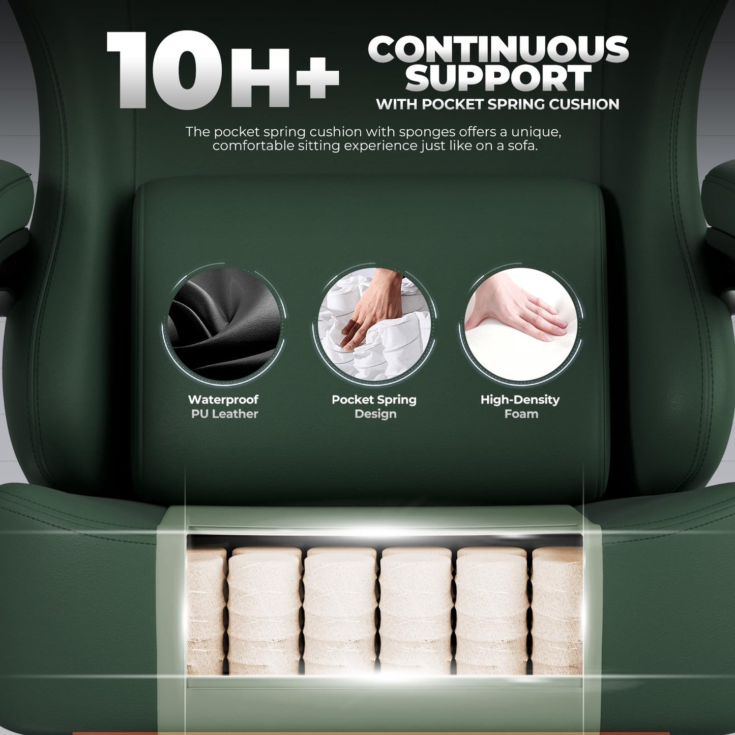 GTPLAYER Big and Tall Gaming Chair 400lbs Heavy Duty Office Chair with Footrest, High Back Pocket Spring Ergonomic Computer Chair for Adults, Wide Seated Cushion with Linkage Armrests, Leather Green