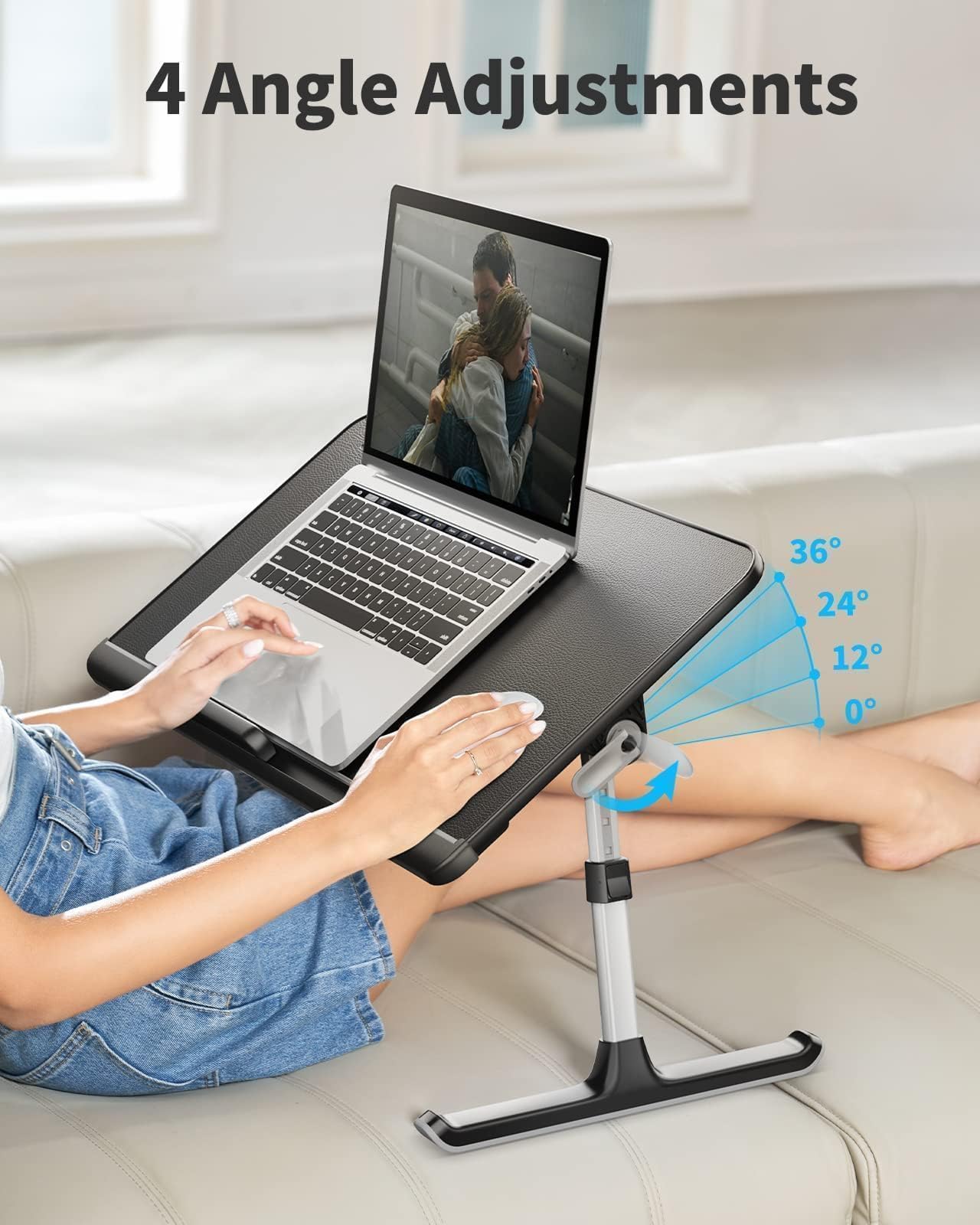 SAIJI Laptop Bed Desk Table - Portable Laptop Stand for Bed with Storage Drawer, Adjustable Lap Desk Bed Tray Fits 17" Laptop with PVC Leather for Work from Home & Dorm Study Essential (Dark Black)