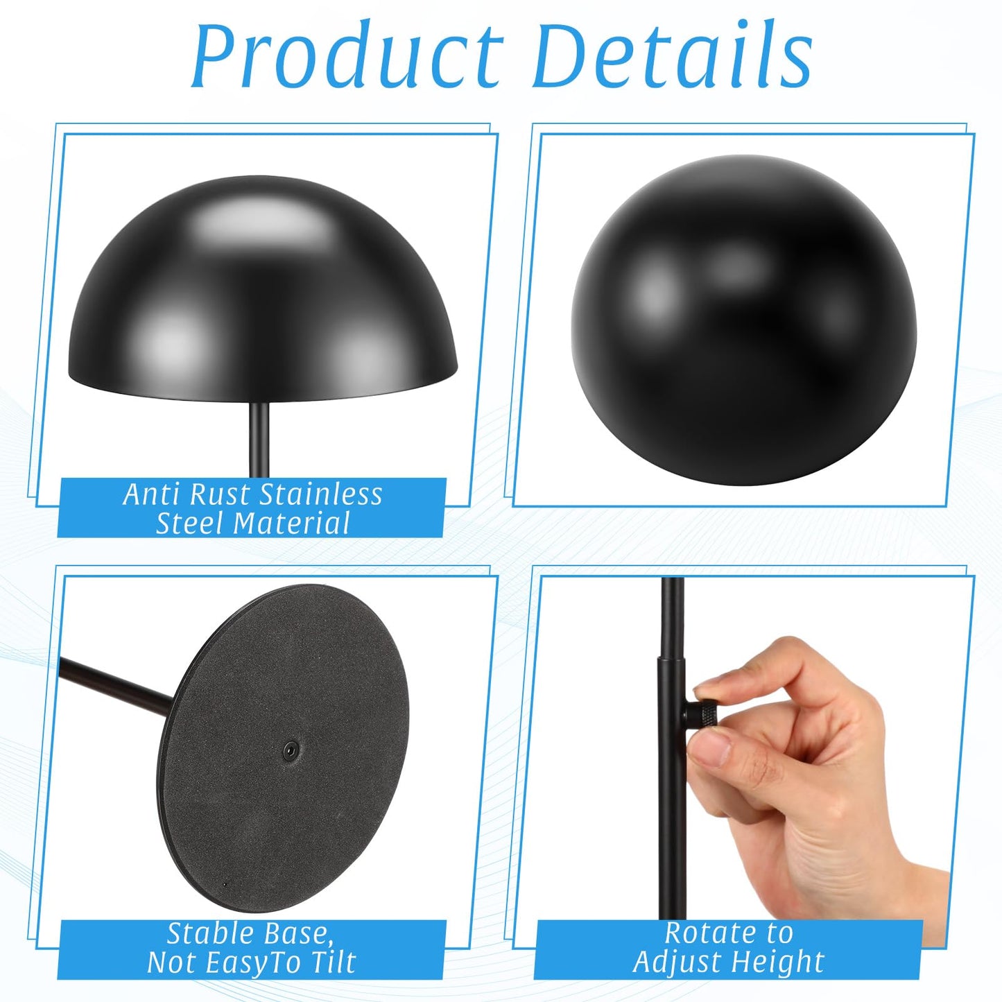 Sintuff 4 Pcs Hat Display Stand:adjustable 7.9-15.7inch Wigs Head Holder Stand Non Slip Stainless Steel Metal Rack for Multiple Hats Wig Storage Styling Practice(Black,Round Base)