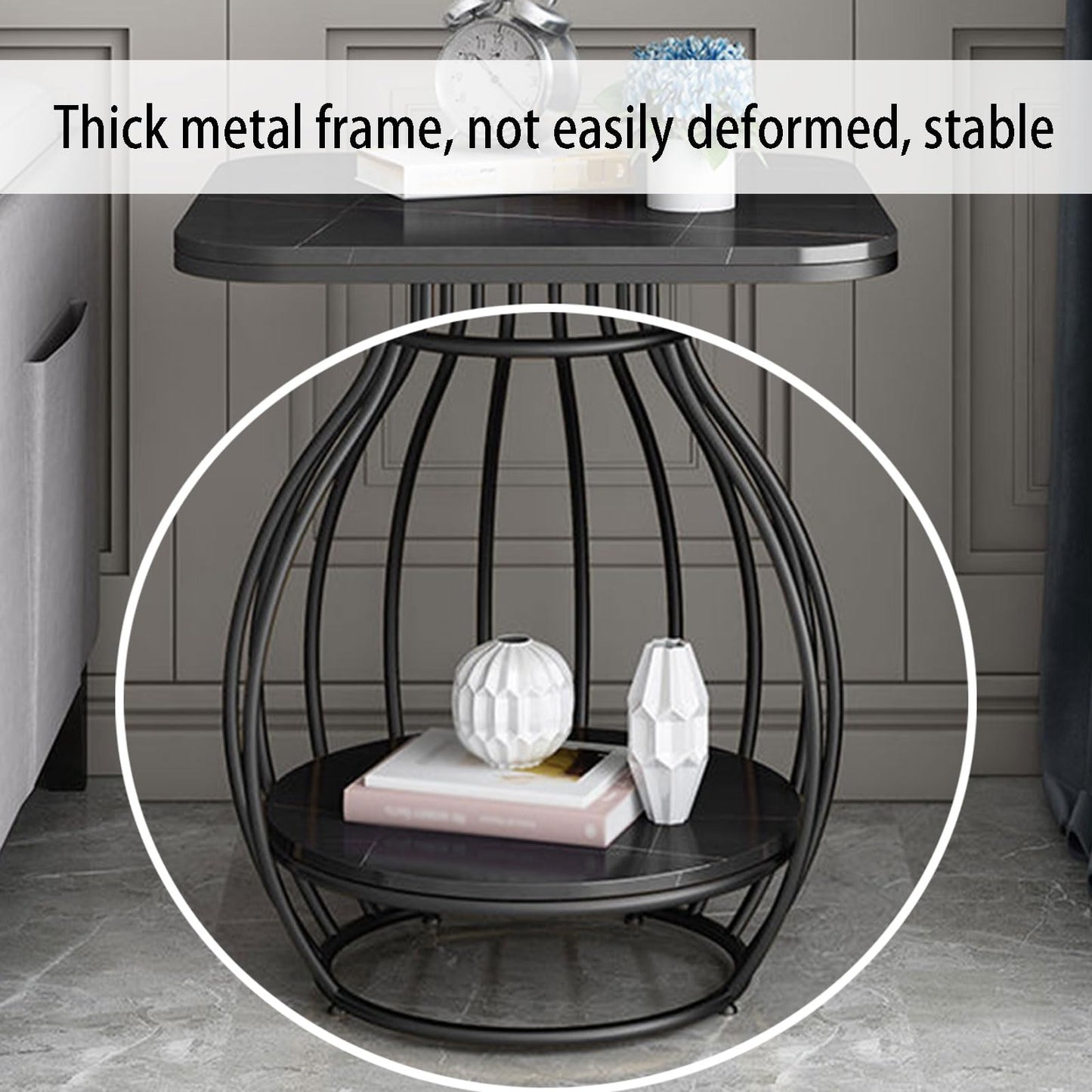 End Table Round Vintage, 2-Tier Metal Side Table with Shelf Storage, Faux Marble Sofa Side Bedside Nightstand, Arc-Shaped Frame Accent Furniture for Living Room
