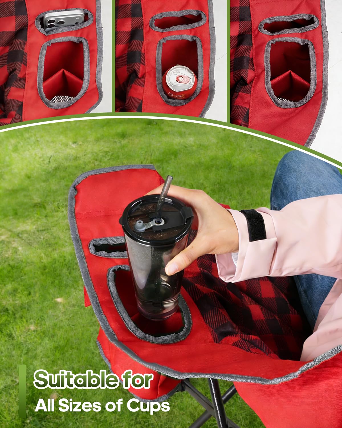 Pcuauld Double Camping Chair Padded Loveseat Camp Couch for Adults, Oversized 2 Person Love Seat with 2 in 1 Carry Bag, Heavy Duty Folding Outdoor Sofa with Cup Holders for Lawn Beach Tailgating, Red