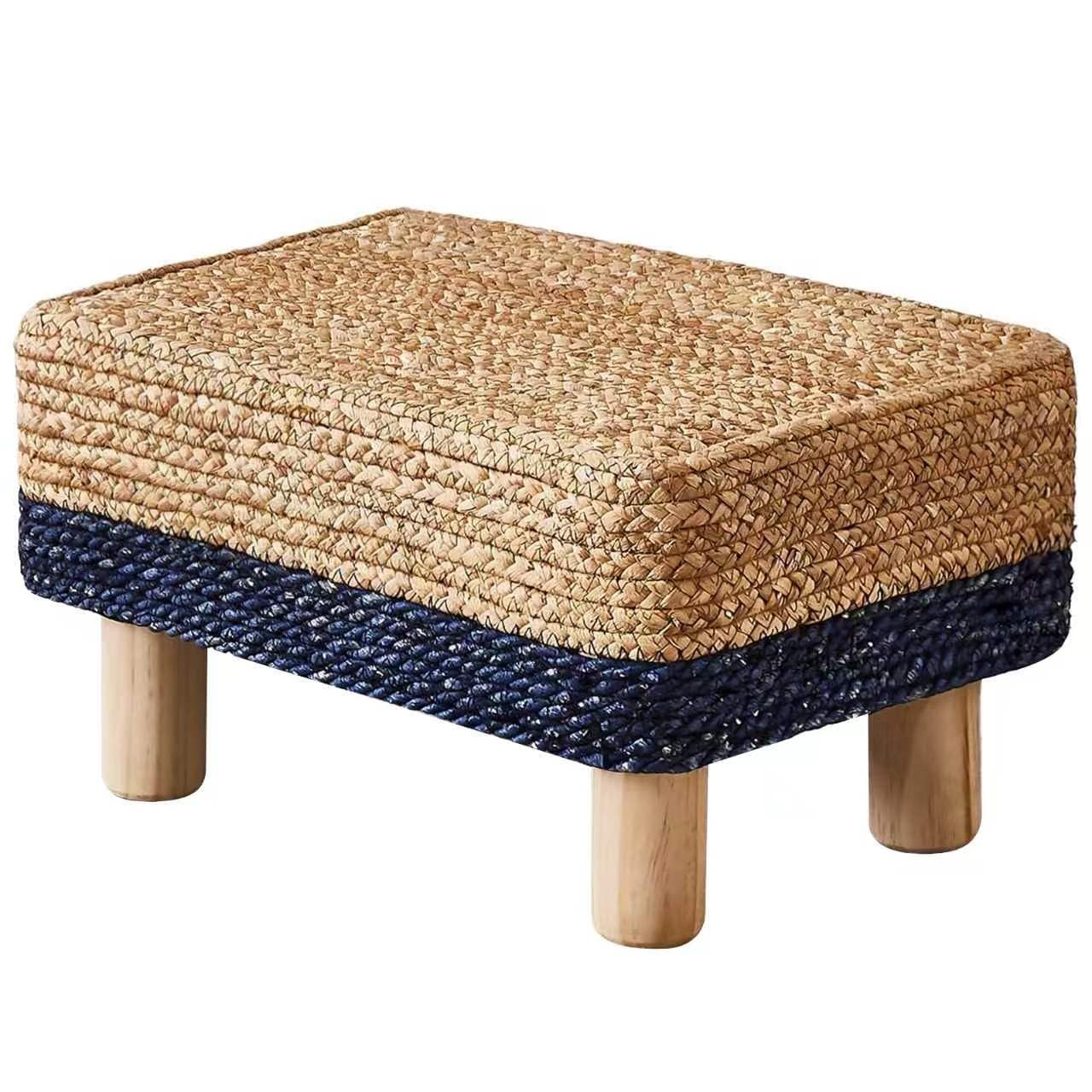 Wimarsbon Natural Seagrass Footstool Ottoman Rectangular Footrest Pouf Ottomans with Wooden Legs Hand Weave Step Stool for Living Room Bedroom Entryway Blue