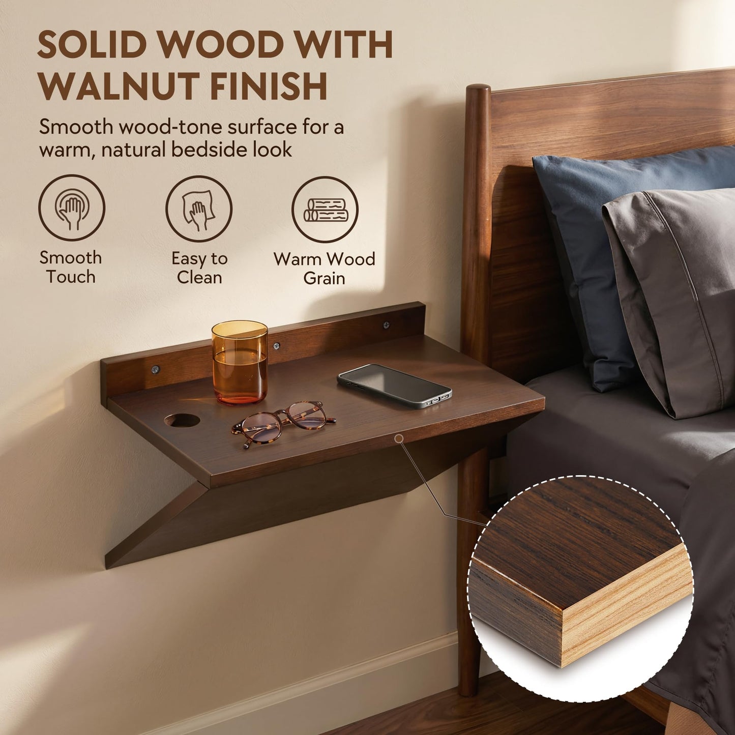 Petrala Floating Nightstands Set of 2, Wall Mounted Night Stand Walnut Wooden Bedside Shelf Mid Century Modern Small Hanging Side Table Narrow Nightstand Shelves Organizer for Bedroom Small Spaces