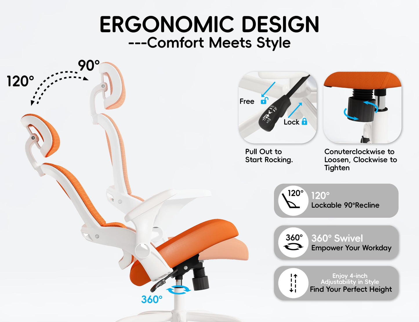 TRALT Office Chair - Ergonomic Office Chair with Back Support, Home Office Desk Chairs, 330lbs Wide Seat Big and Tall Office Chairs with Headrest, Comfy Desk Chairs (Orange)