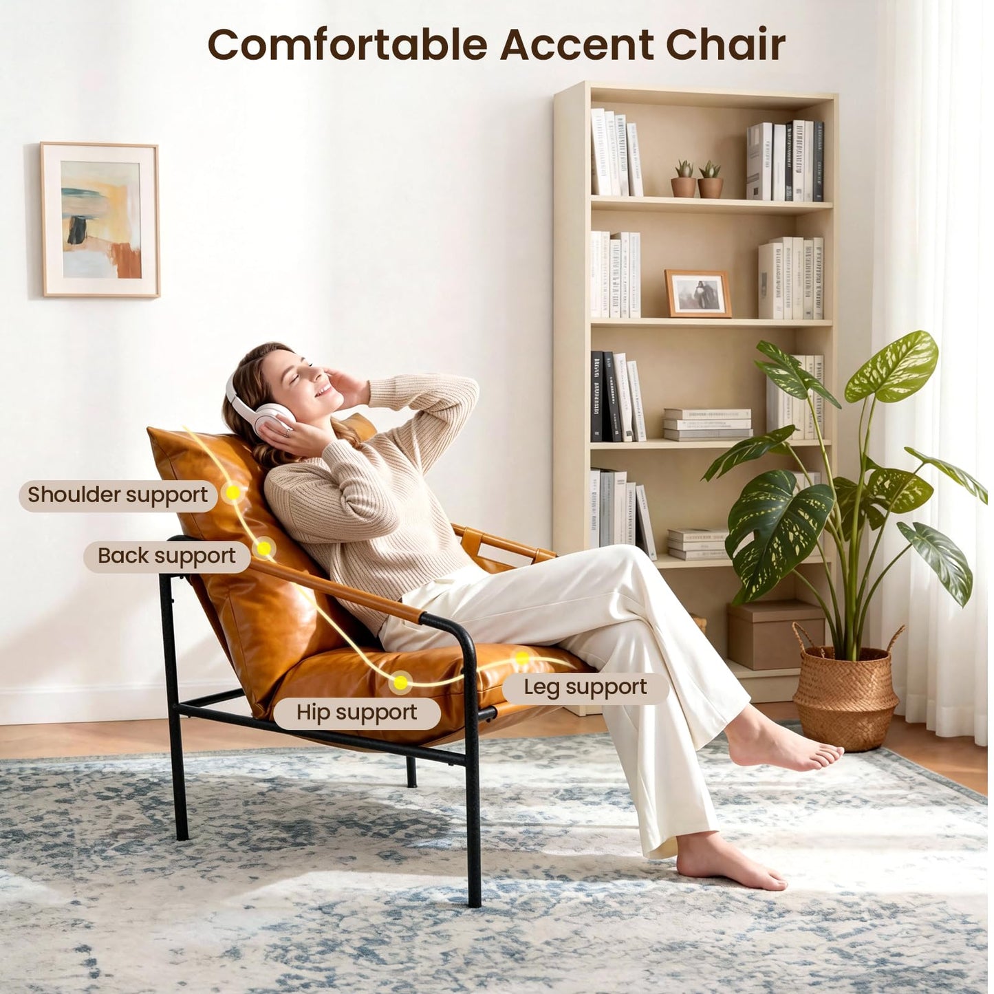 Modern Bright Orange Oversized Faux Leather Chair, Recliner Armchair, Comfy Accent Chair with Sturdy Metal Frame, Armrest bag, Indoor Outdoor couch sofa Chair for Living Room Bedroom Patio lounge