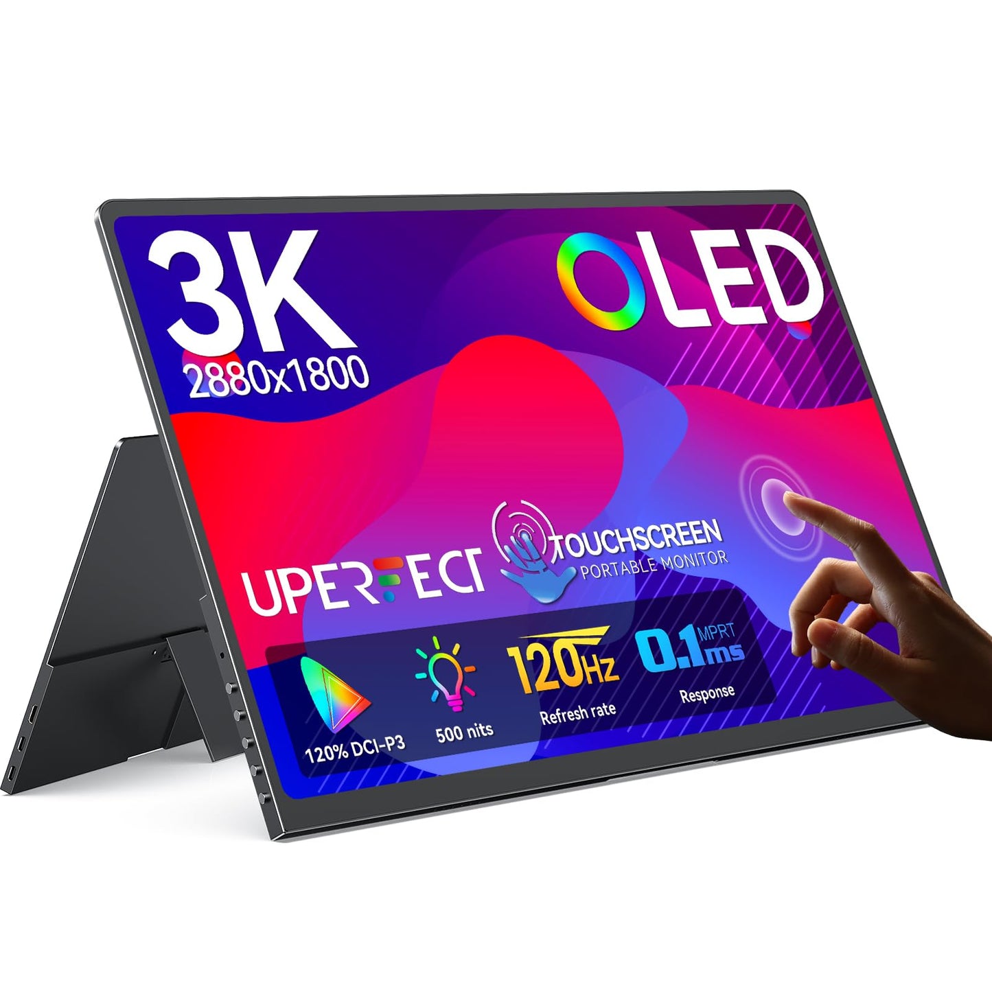 UPERFECT Touchscreen OLED Portable Monitor 14", 3K 2880x1800 | 120Hz | 0.1ms Portable Gaming Monitor, 500 Nits |120% DCI-P3 | 500000:1 | Ultra-Slim Design for Laptop Mini PC Phone Game Consoles