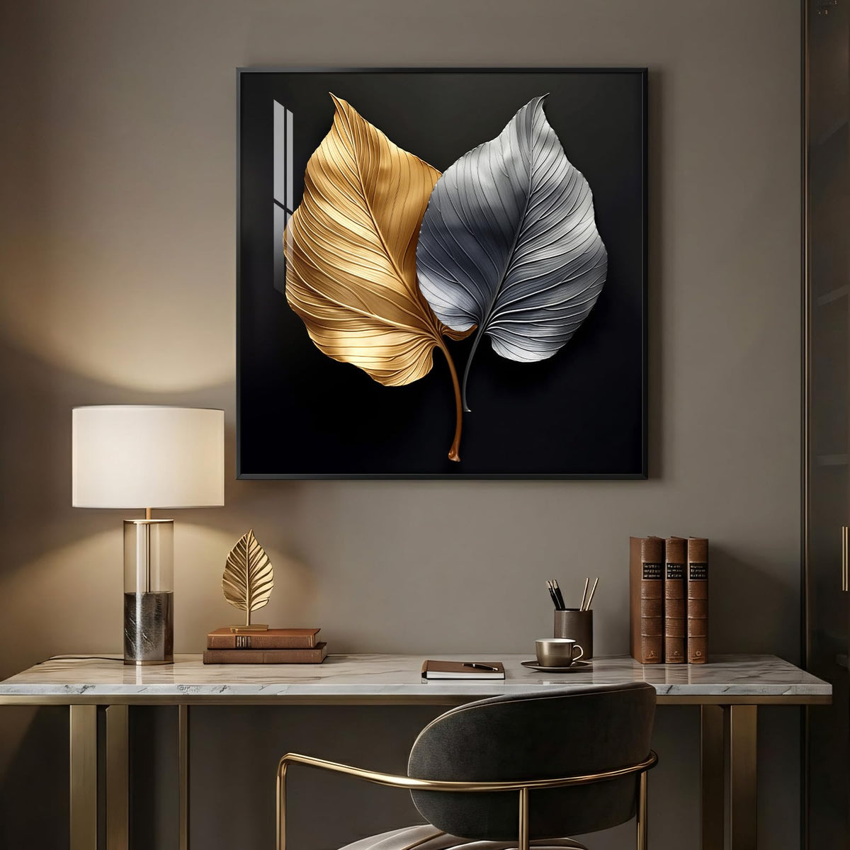 Framed Modern Elegant Wall Art, Black Gold and Silver Leaf Prints Paintings Artwork for Walls, Contemporary Luxury Picture for Bedroom, Dining Room, Lounge, Office, Living Room Wall Decor 24x24 In