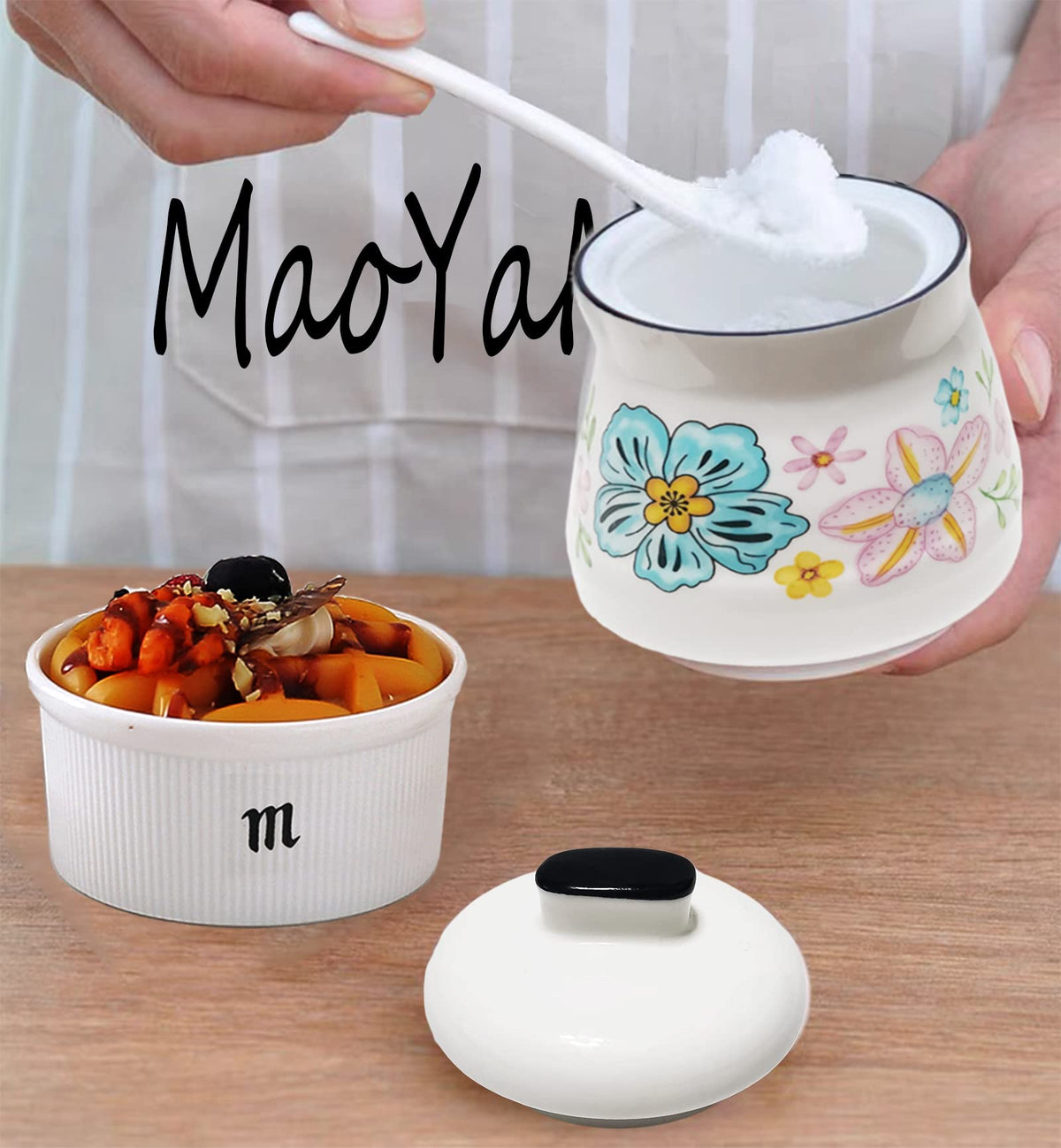 MaoYaMao Ceramic Sugar Bowl with Lid and Spoon Sugar Container Sugar Holder for Coffee Bar,Home and Kitchen 12oz