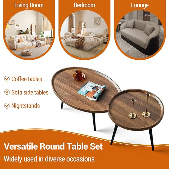 Garvee Nesting Coffee Table Set of 2, 2-Piece Walnut Coffee Tables, Mid Century