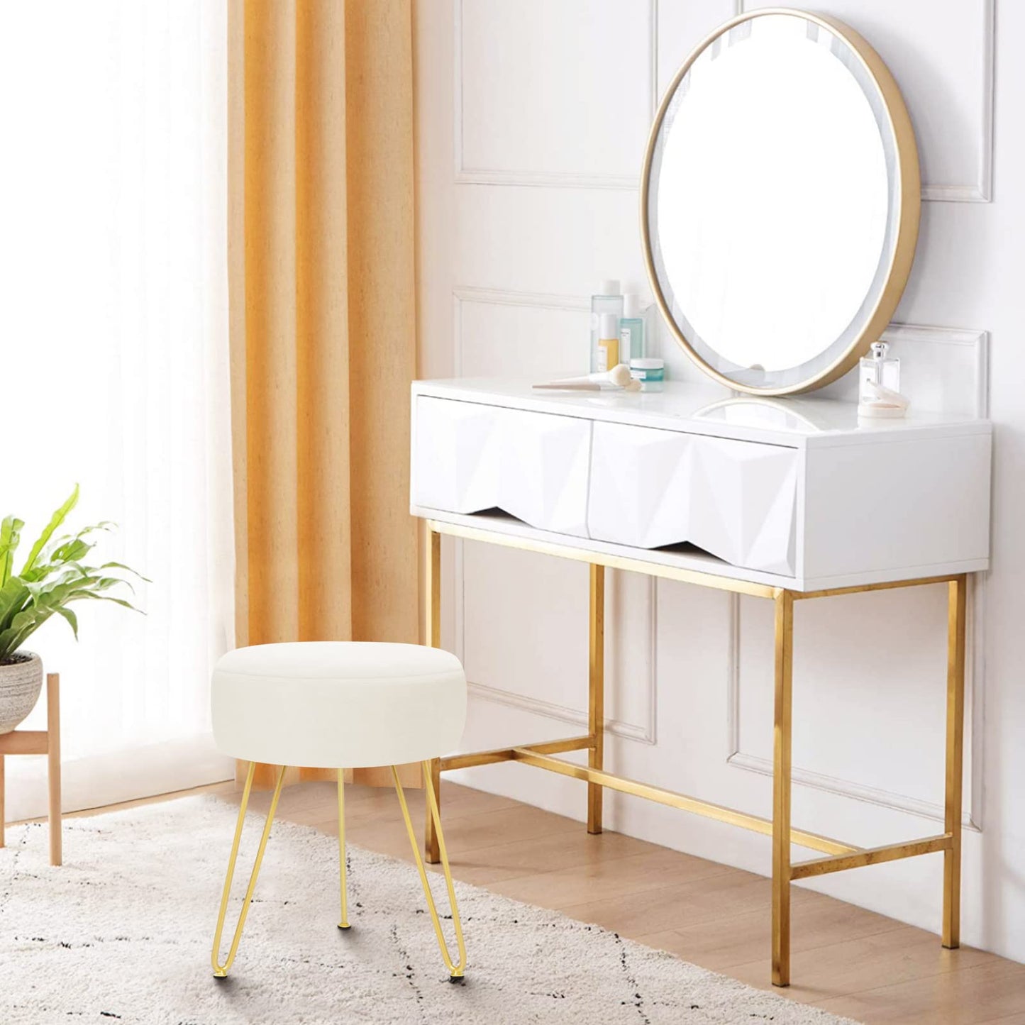 YOONIC Velvet Soft Modern Vanity Footstool -Round Footrest Stool Ottoman Side Table Seat Dressing with Golden Metal Leg and Sponge Filling,Upholstered Foot Rest,Living Room and Bedroom （Beige）