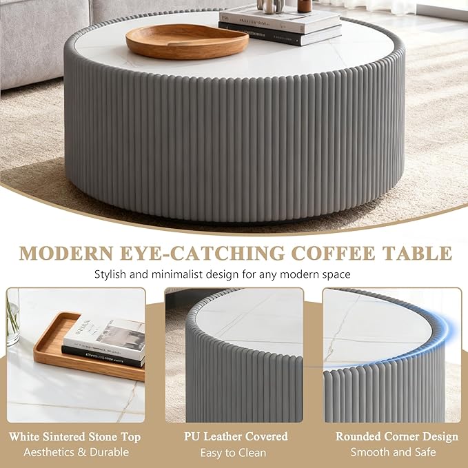 29.52" Round Marble Coffee Table, Modern Fluted Coffee Table w/White Sintered