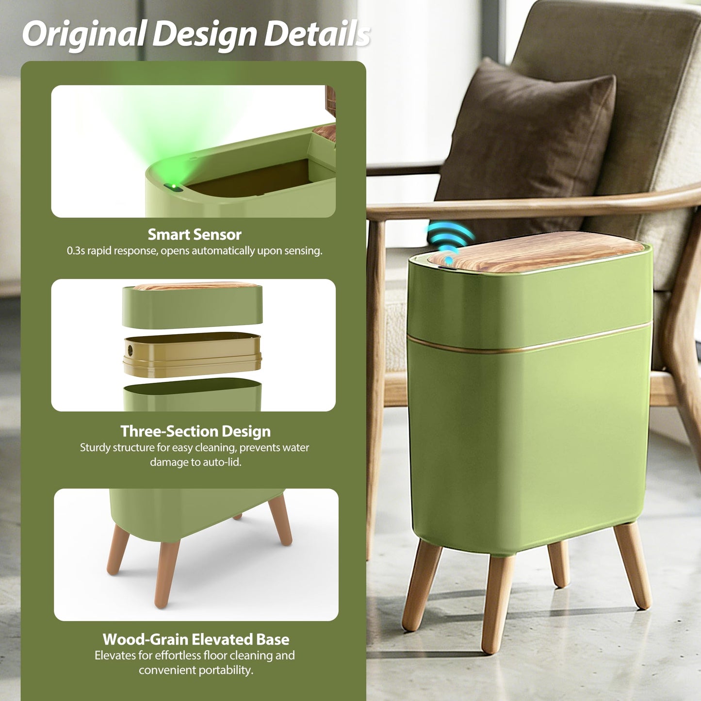 suyika Automatic Trash Can, 2.6 Gallon/10L Bathroom Trash Can with Lid - Wood Grain Lid and Legs, Touchless Waterproof Garbage Bin for Bedroom, Bathroom, Office, Living Room