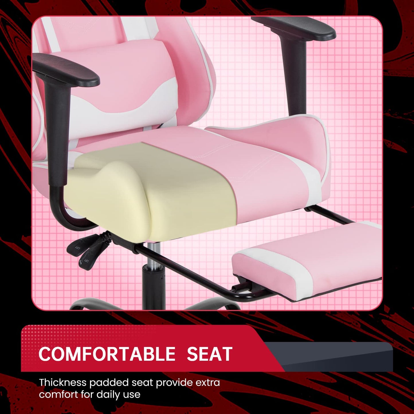 BestOffice | Ergonomic Gaming Chair | Pink | Reclining Computer Chair with Lumbar Support, Headrest Pillow, Adjustable Footrests | 360 Swivel with Heavy Duty Wheels | for Home & Office