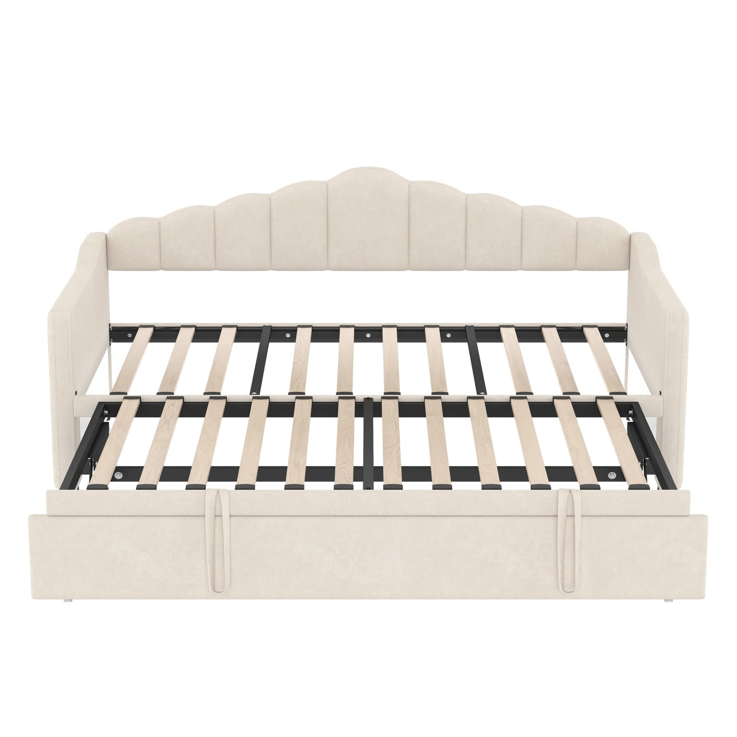 Twin Size Upholstered Daybed with Pop up Trundle,Velvet Day Bed Frame with USB and Side Pockets,Twin to King Daybed, Tufted Sofa Bed for Bedroom,Living Room,Guest,Beige