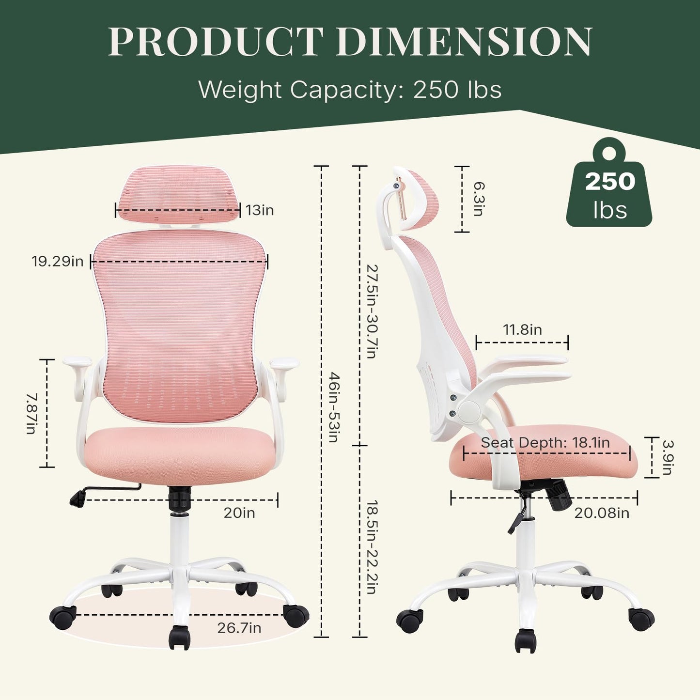 HAPPYMONT Ergonomic Office Chair, Comfy Desk Chair with Wheels, Adjustable Headrests, Flip-Up Armrests, Breathable Mesh High-Back, Comfortable Swivel Seating for Home Computer, Pink