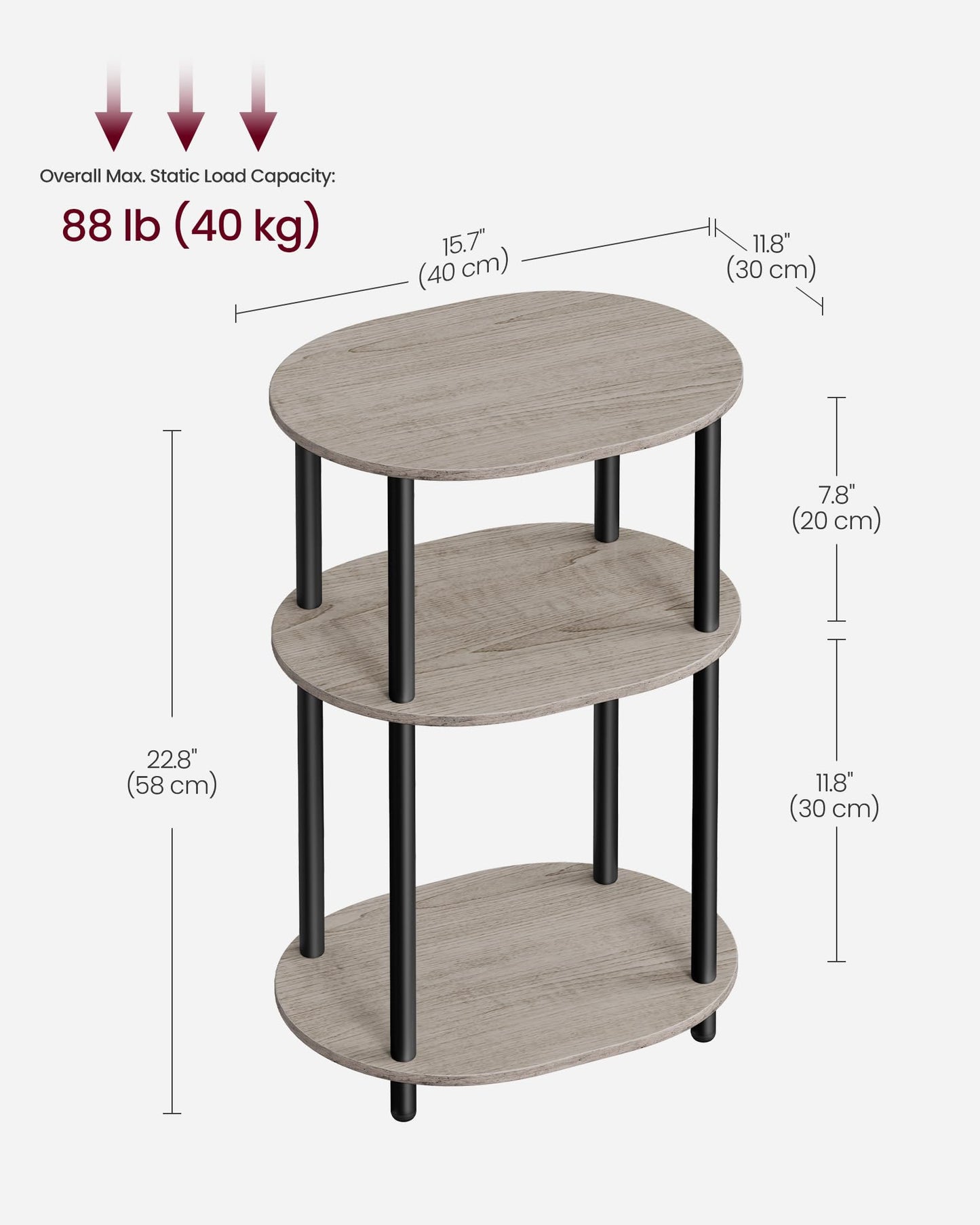 VASAGLE Side Table, Small End Table, Tall Nightstand for Living Room, Bedroom, Office, Bathroom, Steel Frame, Industrial Style, Oval, Heather Greige and Ink Black ULET288L101