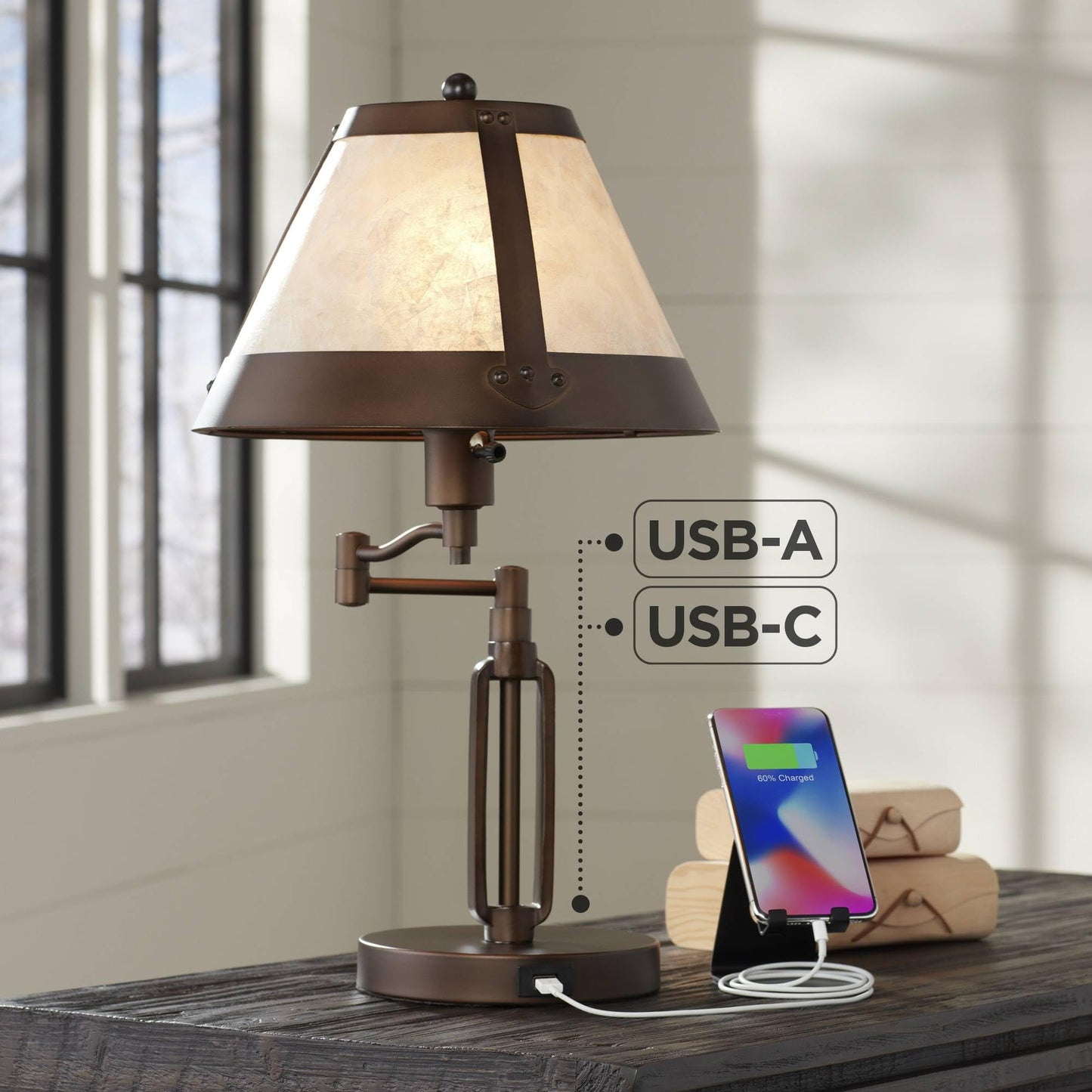 Franklin Iron Works Samuel 21 1/4" High Rustic Swing Arm Accent Table Lamp with USB Ports A+C Charging Bronze Natural Mica Shade for Living Room Bedroom House Bedside Nightstand Home Office Family