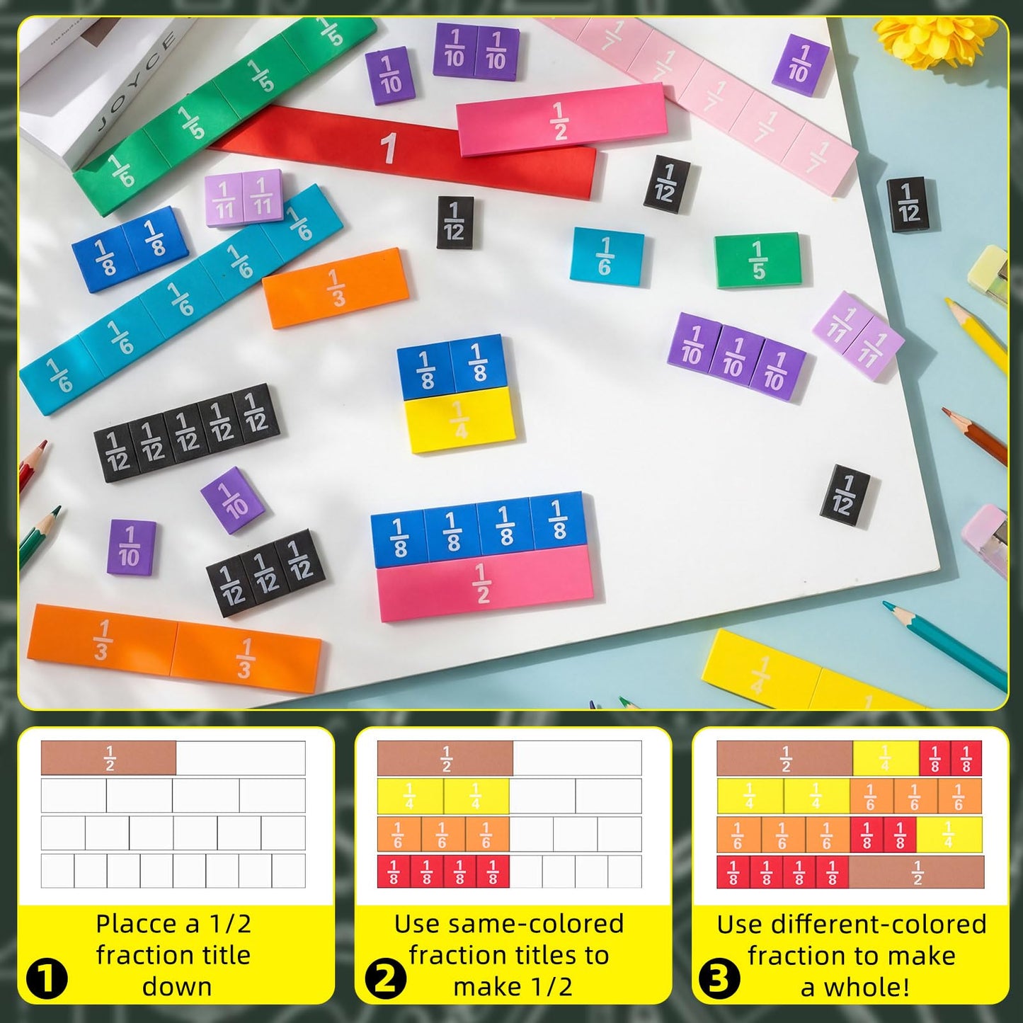 Sayglossy 12 Sets Fraction Tiles Set for Classroom Rainbow 11.8 x 8 in Fraction Strips Bars Math Manipulatives Montessori Math Materials for Home Learning School Educational (Vivid Color)