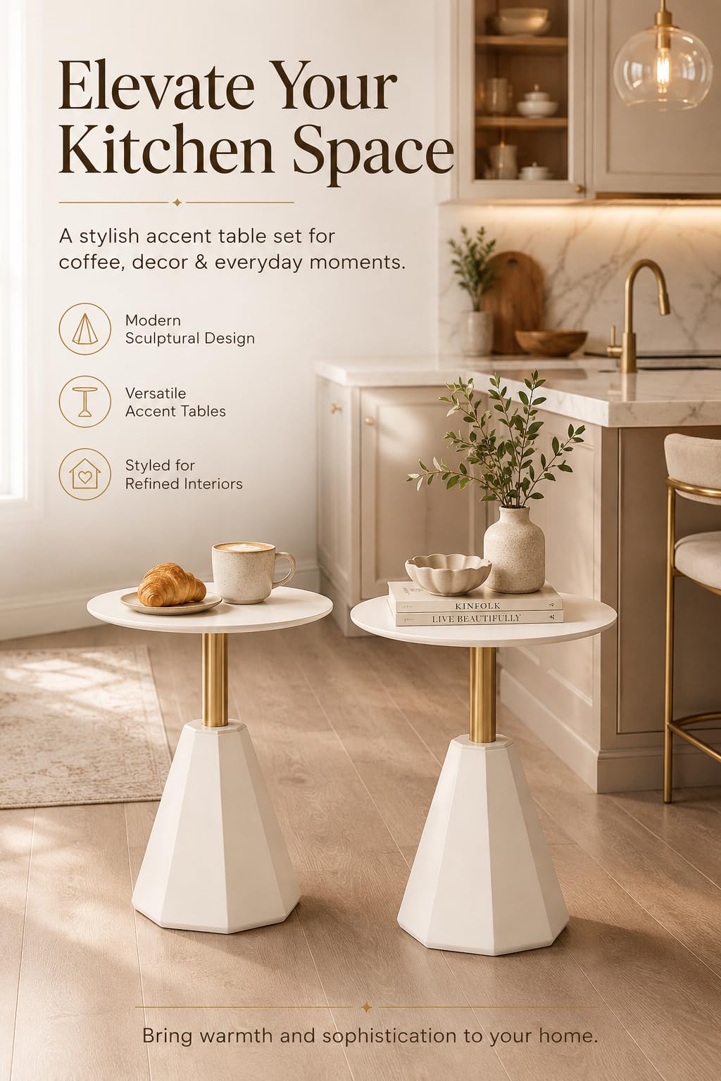goldwork Round Wood Side Table, Set of 2, Coffee Nightstand Cocktail Drink Modern Accent Circle End Table, Wood Pedestal Base for Living Room, Bedroom, Small Spaces, Offices, Ivory
