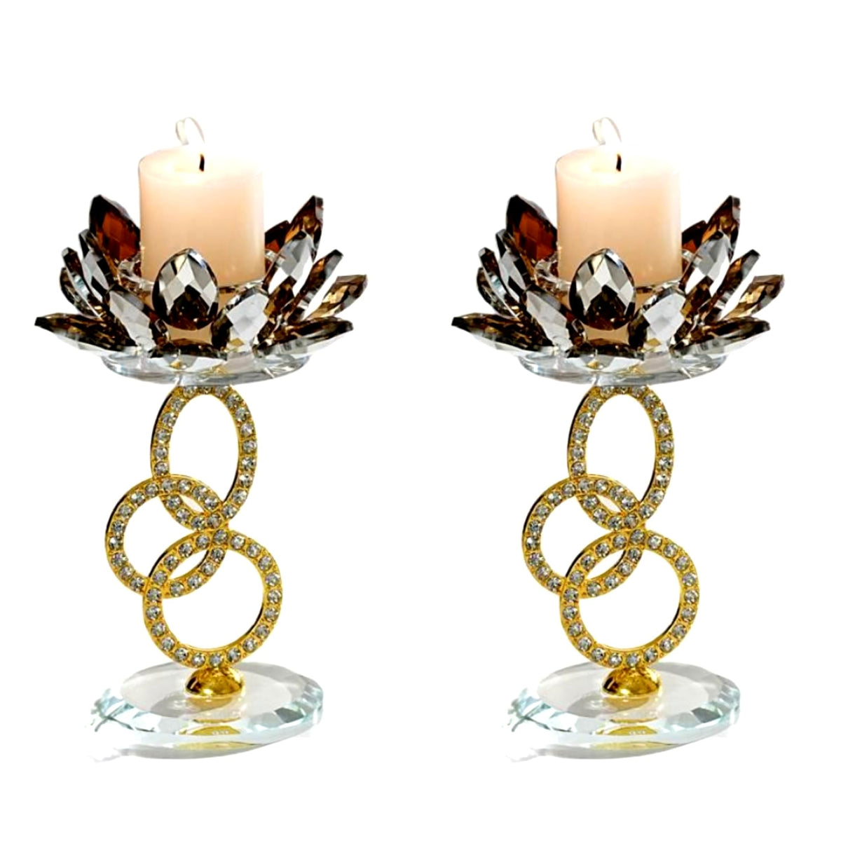 Crystal Lotus Flower Candlestick Holder, Rhinestone Interlocking Rings Glass Votive Teight Candlestand, Four Rings Gold
