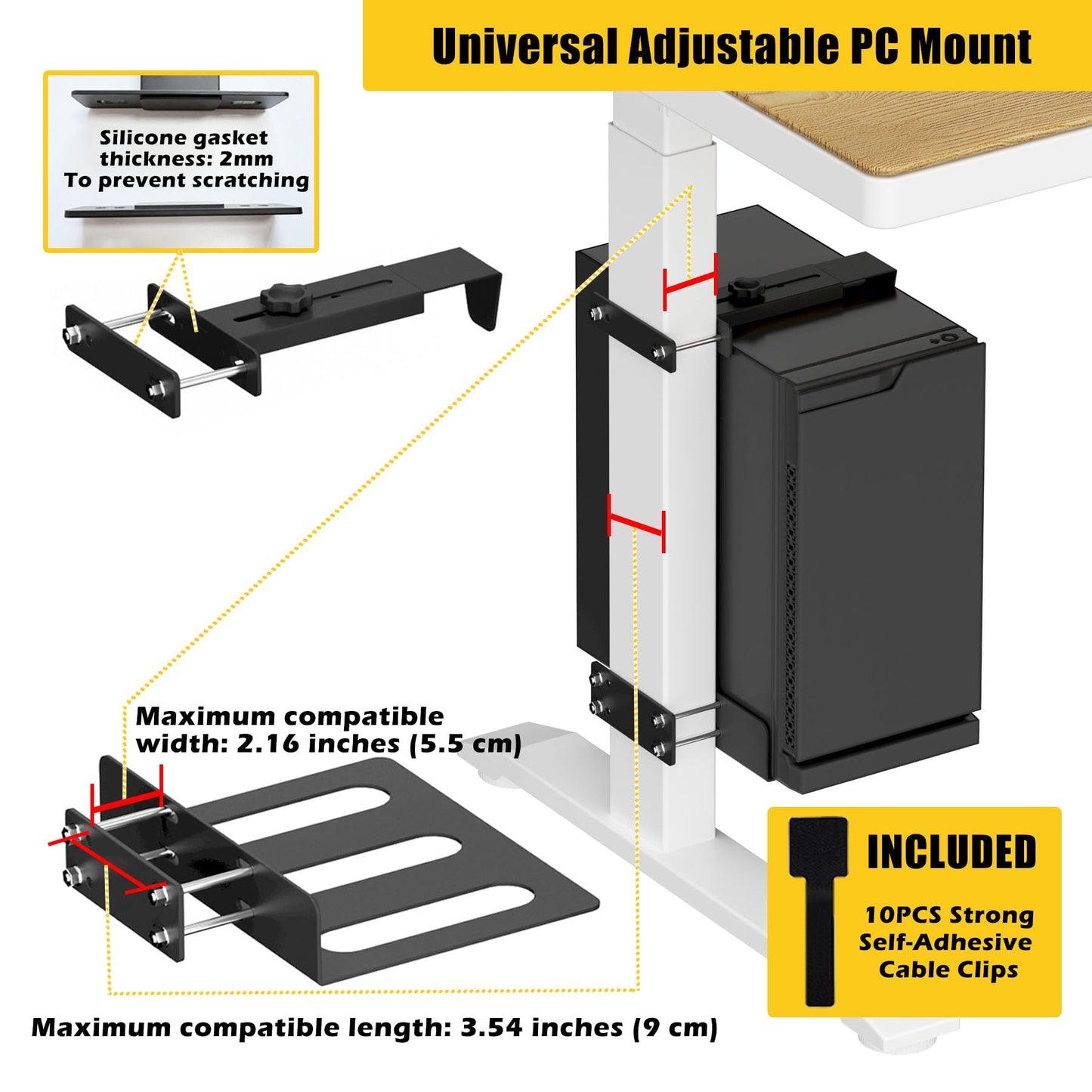 Under Desk PC Mount for Standing Desk, No Drilling Clamp-On CPU Holder with 10 Cable Clips, Heavy Duty Adjustable Computer Tower Stand Fits Most PC Cases up to 44lbs, Universal Gaming Desk Mount