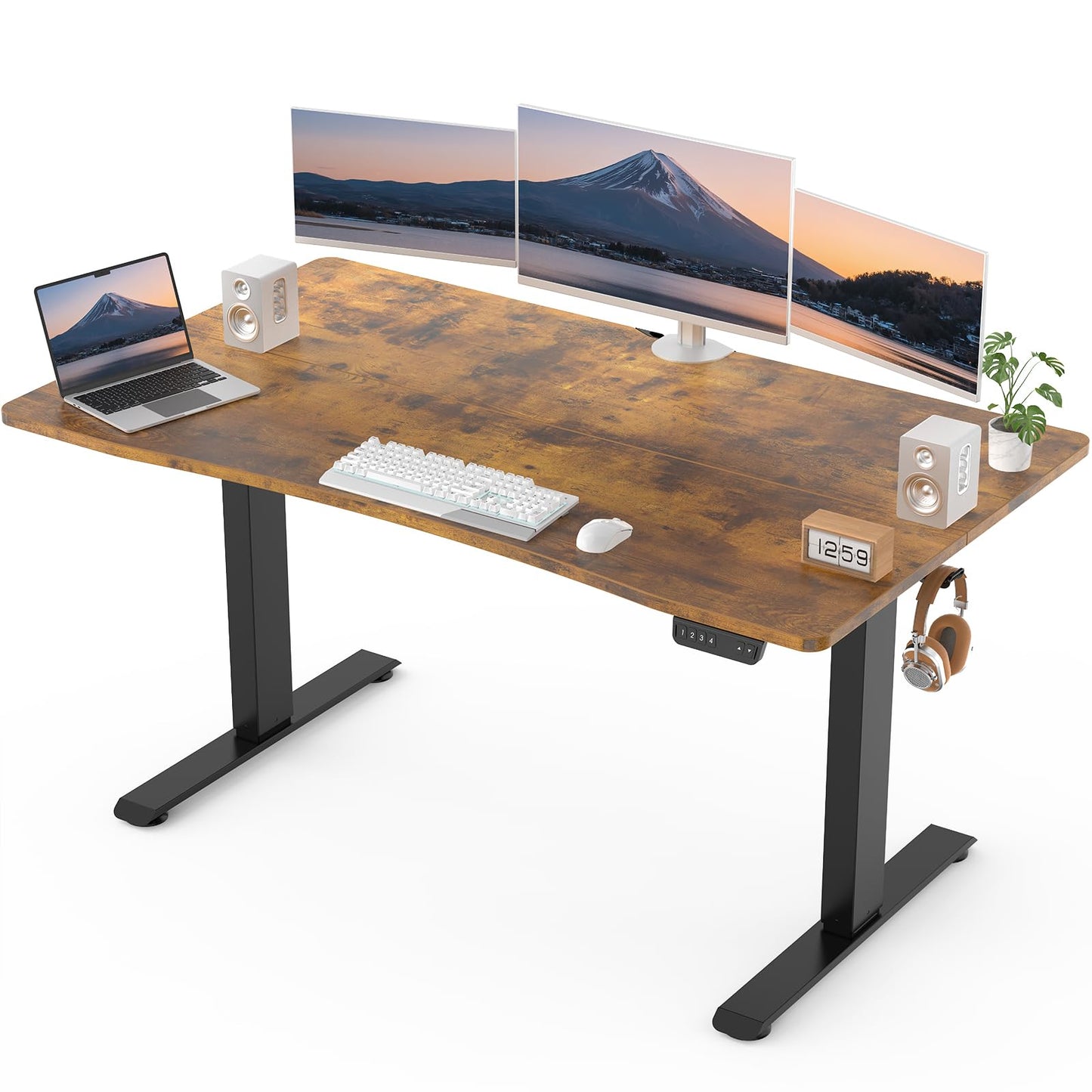 Veken 55 x 28 Inch Electric Standing Desk, Sit to Stand Up, Work Home Office Computer Table for Study, Walking Pad, Writing, and Games, Wooden Desktop Desks, Brown