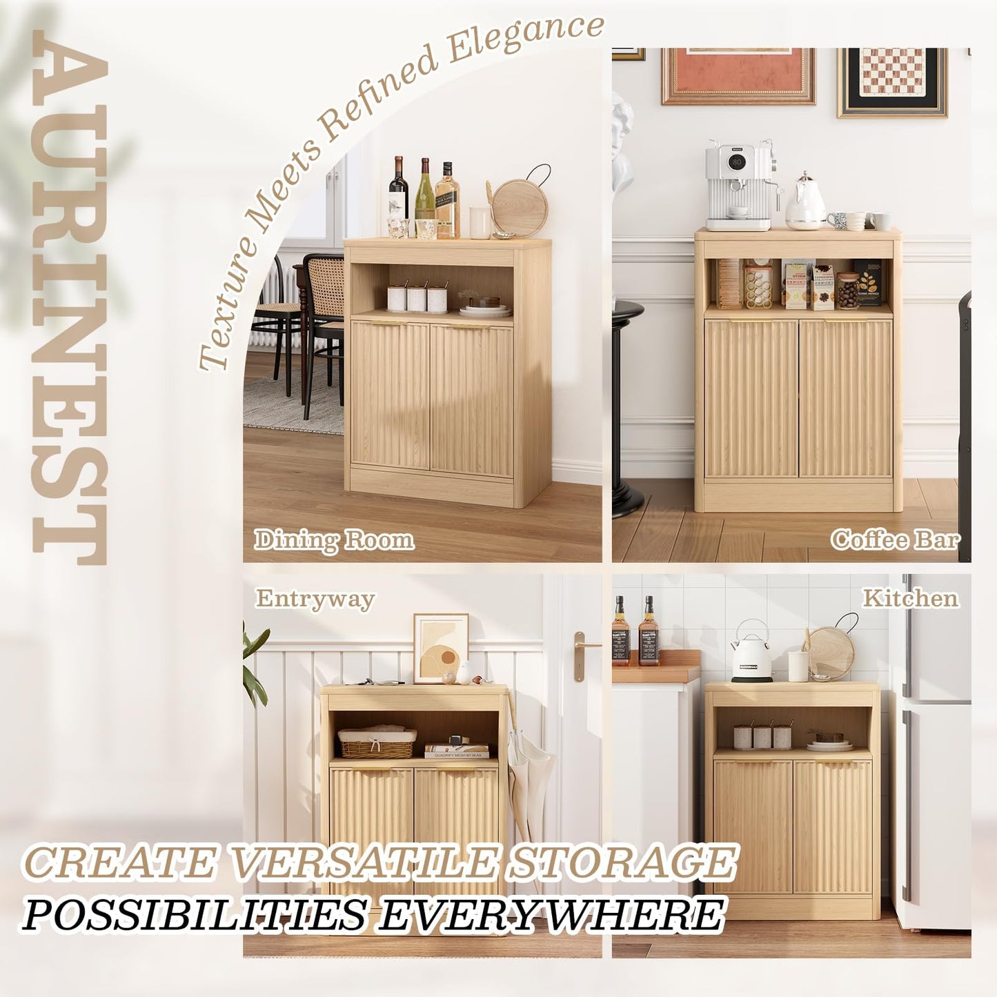 AURINEST Fluted Buffet Cabinet with Storage, Small Coffee Bar Cabinet with Doors & Adjustable Shelves, Wood Storage Cabinet for Kitchen, Living Room, Entryway, Oak