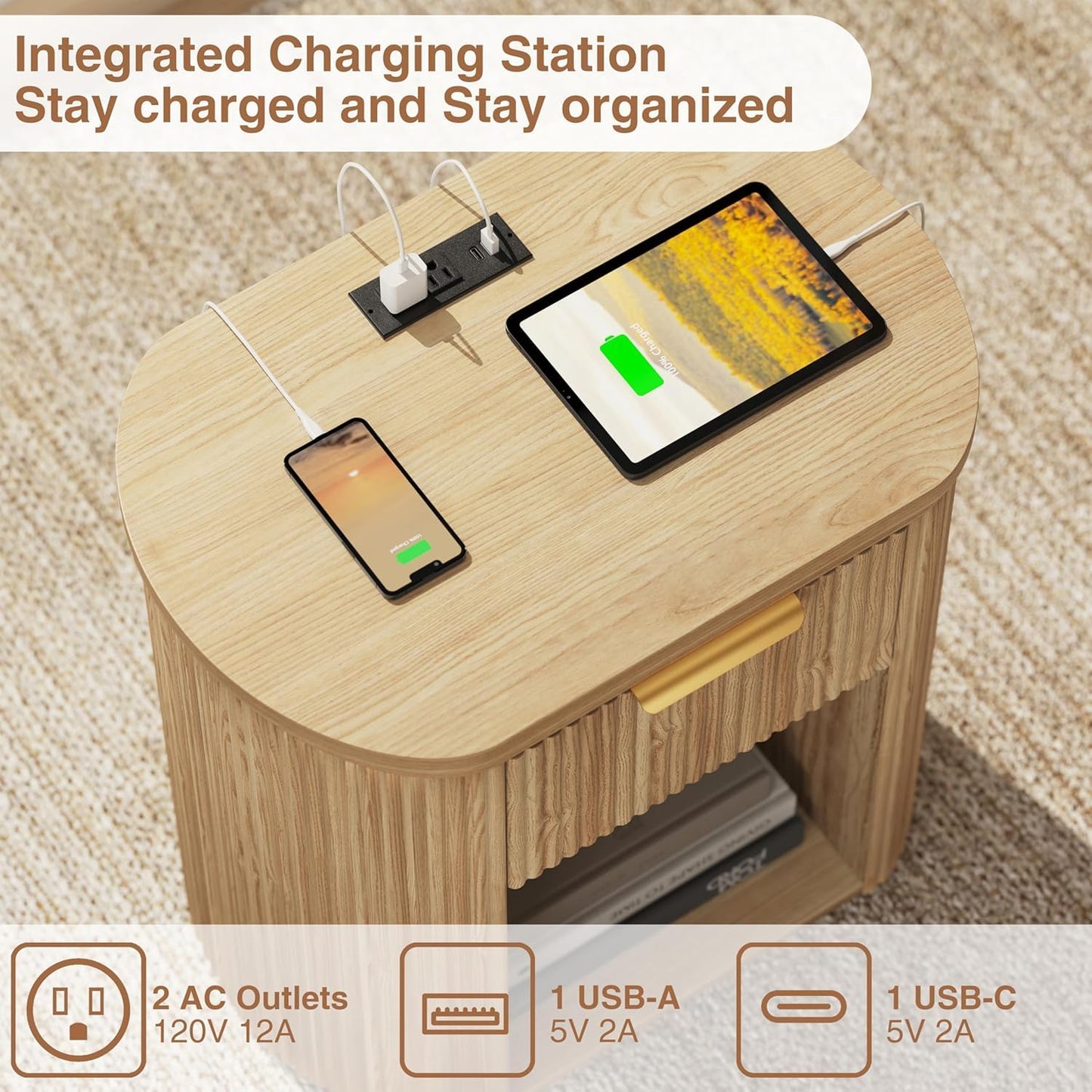 Fluted Nightstands Set of 2 with Charging Station, 23.6" Large Bedside Side Table, Wood End Table with Drawer Storage, Curved Round Corner, Furniture Bedroom Sofa, Mid Century Modern, Farmhouse, Oak