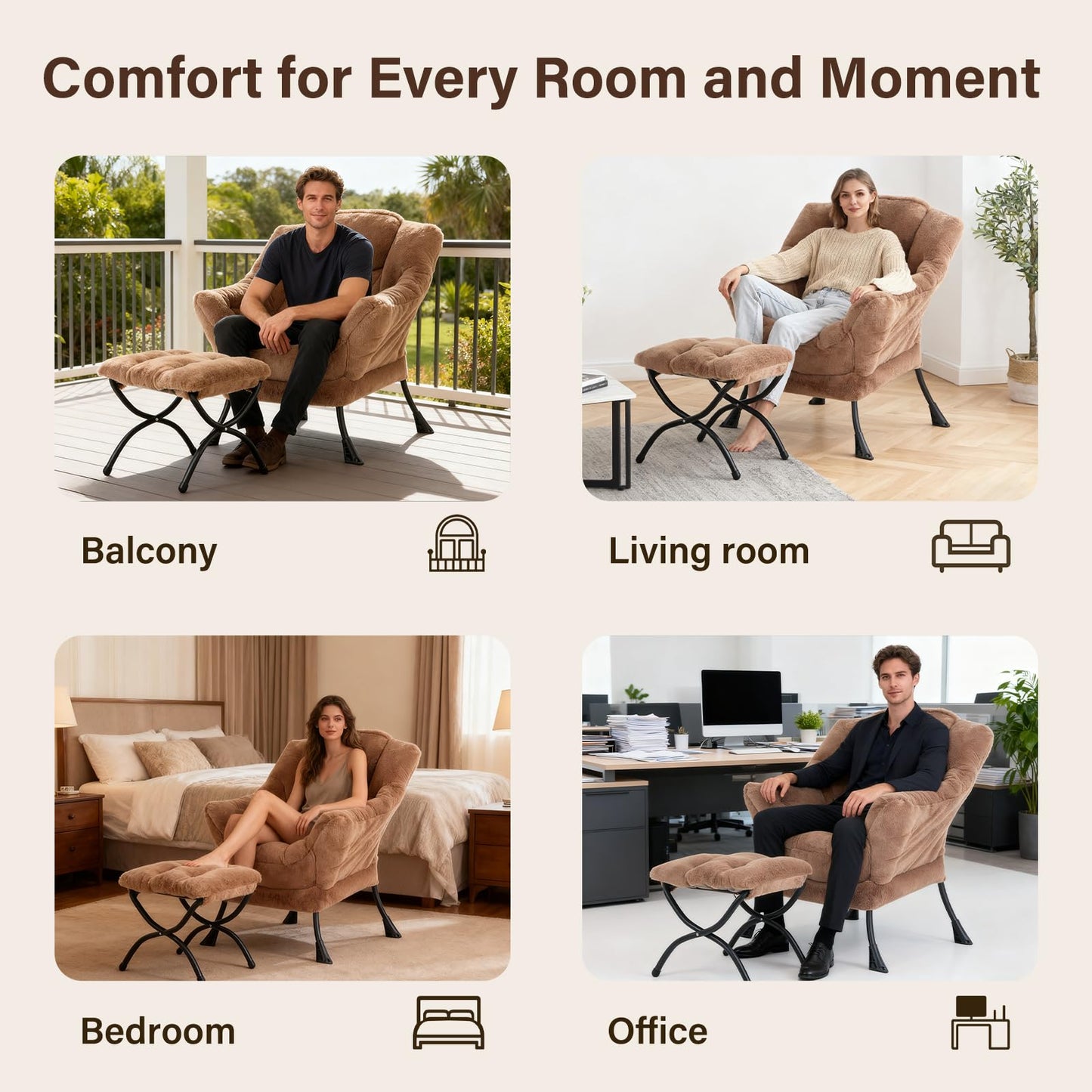 SESHINELL Lazy Chair with Ottoman, Modern Accent Chair Lounge Leisure Sofa Chair with Armrests, Reading Chair and Folding Footstool for Living Room, Bedroom, Office, Plush Brown