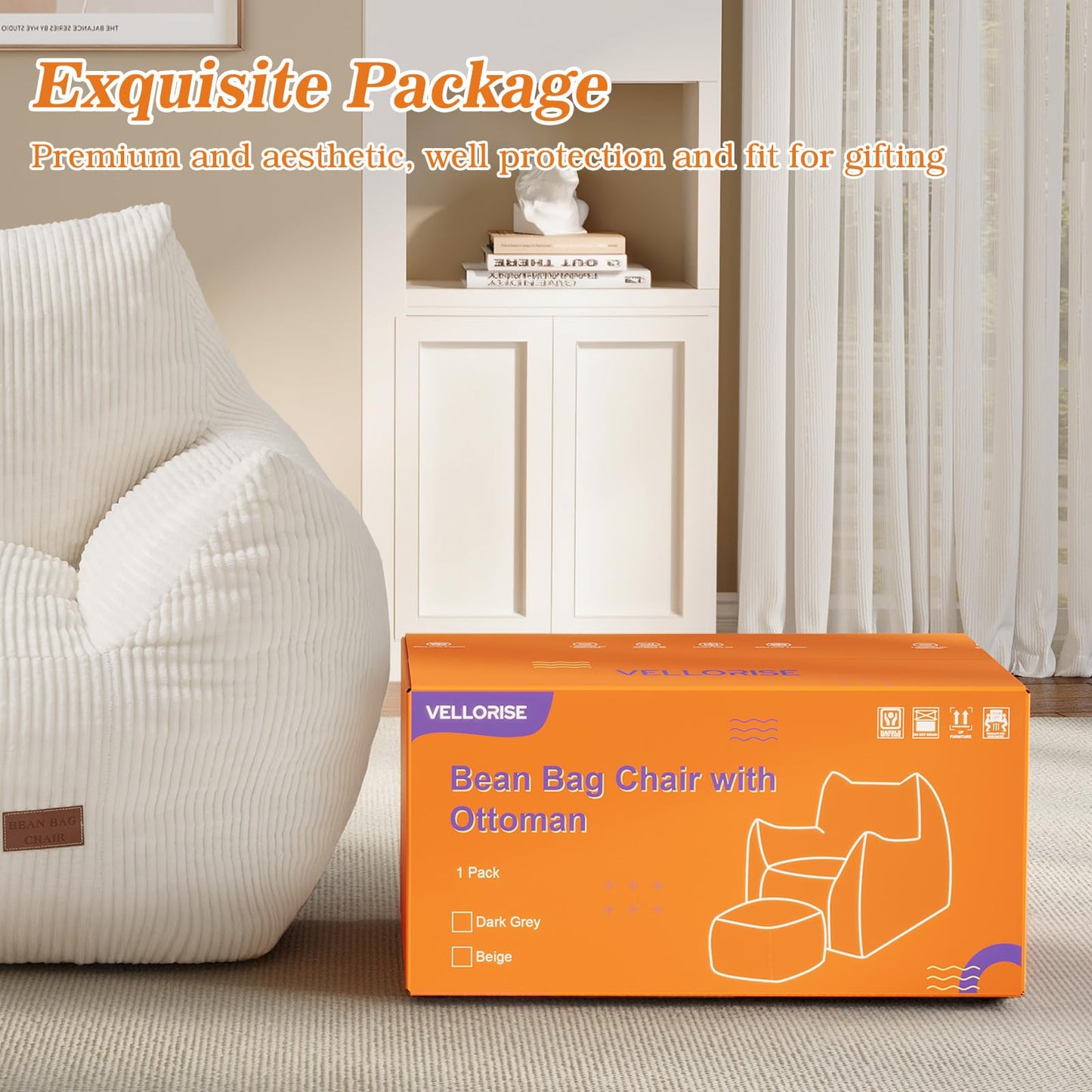 Vellorise Big Bean Bag Chair for Adults, Ultra Soft Living Room Bean Bag with Armrests & Ottoman, Stuffed BeanBag Chair for Napping, Gaming, Vacuum-Compressed for Easy Gifting, 48h to Expand Beige