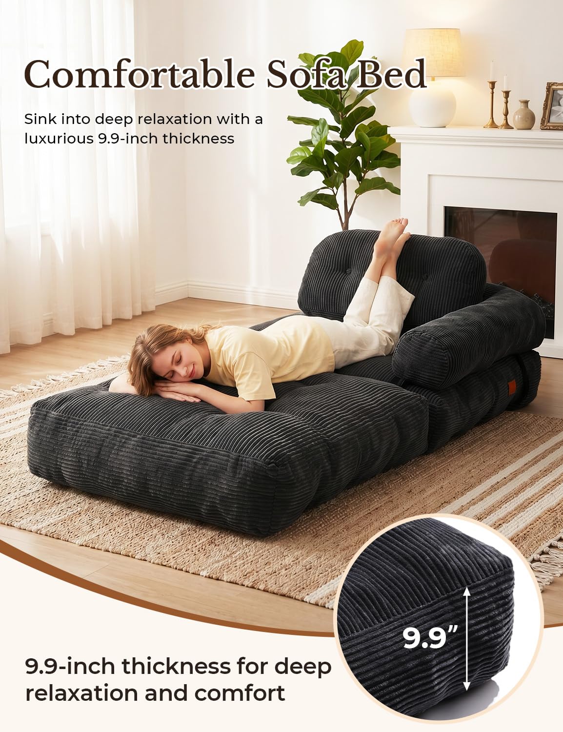 Vellorise Folding Sofa Bed, L-Shaped Couch Back Support and Arm Pillow Futon, Convertible Sofa Bed for Living Room/Guest Use/Home Office, Boneless Foldable Couch for Adults, Black