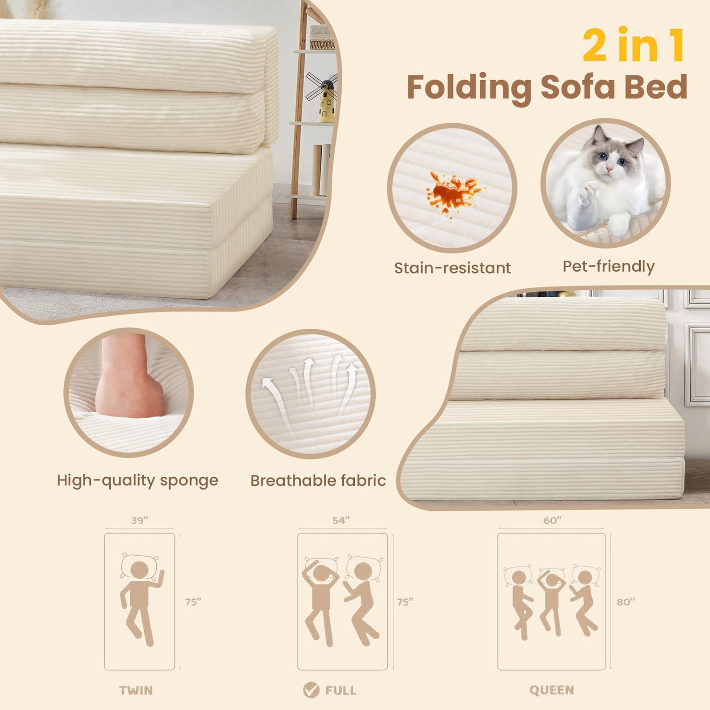 JUIKURY Folding Sofa Bed, Convertible Sleeper Chair with Pilow Foldable Matress, 2 in 1 Pull Out Loveseat Sofa Portable Fold Out Chair Bed Floor Couch Lounge for Living Room Bedroom (Beige, Full)