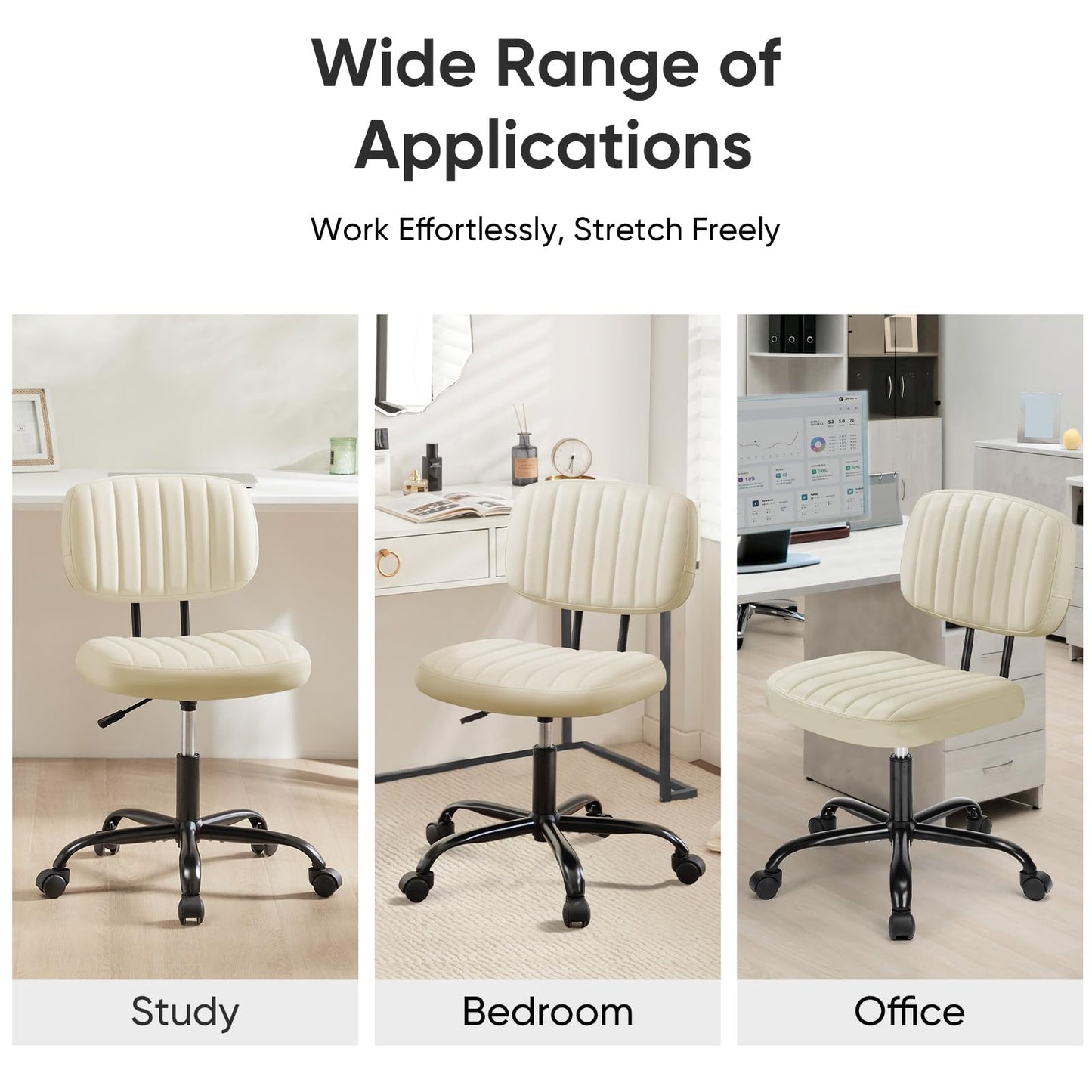 DUMOS Armless Home Office Desk Chair -Small Ergonomic with Low Back Lumbar Support, Height Adjustable PU Leather Computer Task with 360° Swivel Rolling Wheels, for Small Space, Beige White