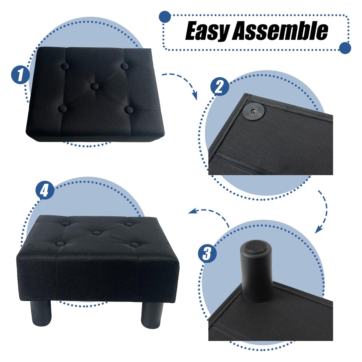 BRIAN & DANY Small Foot Stool, Linen Foot Stools with Legs, Stable Small Footstool for Living Room, Black