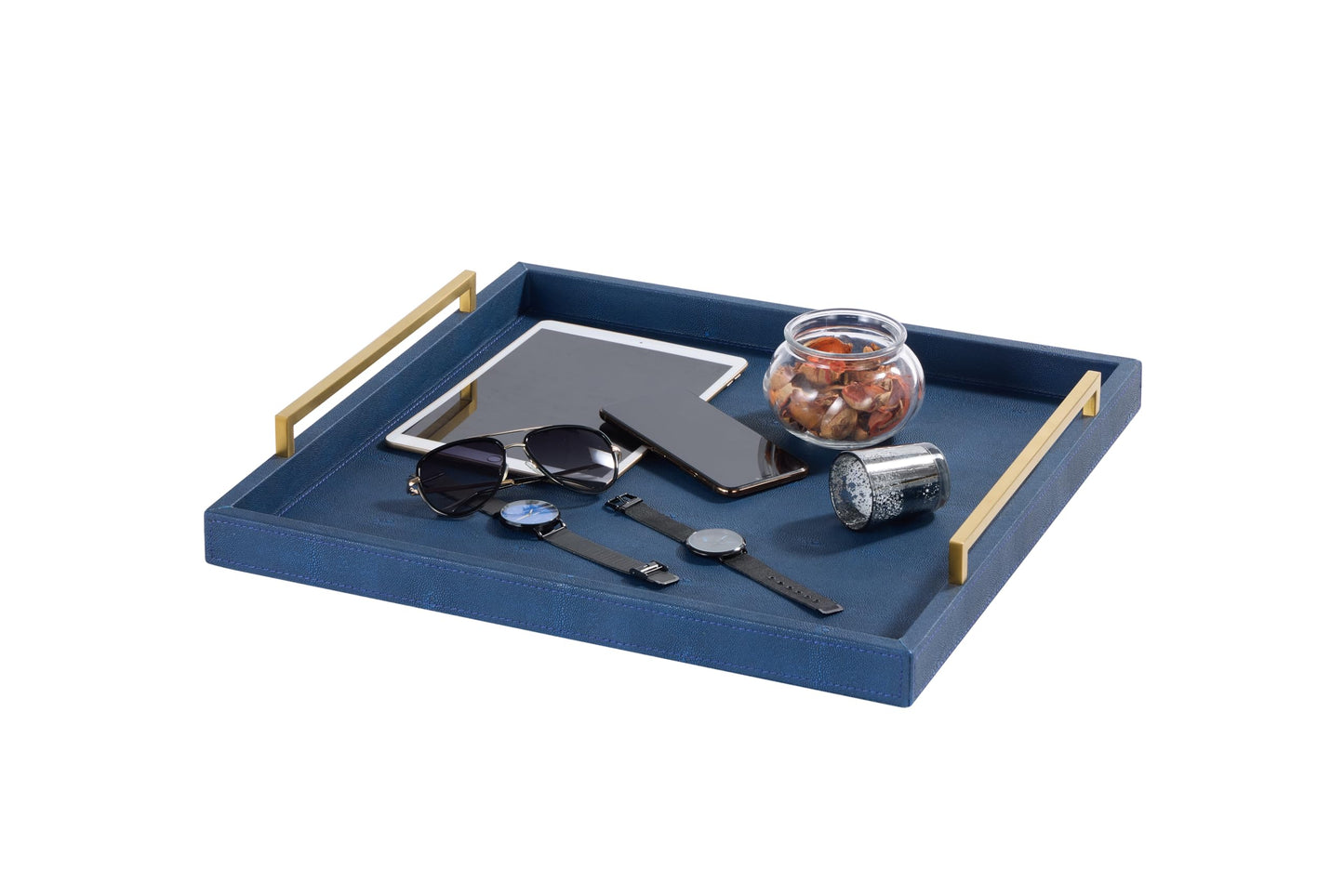 24"x24" Oversized Square Ottoman Tray for Living Room, Extra Large Navy Blue Shagreen Leather Decorative Tray for Coffee Table,Wooden Serving Trays for Dinner Party (navyblue-Gold Handle, 24")
