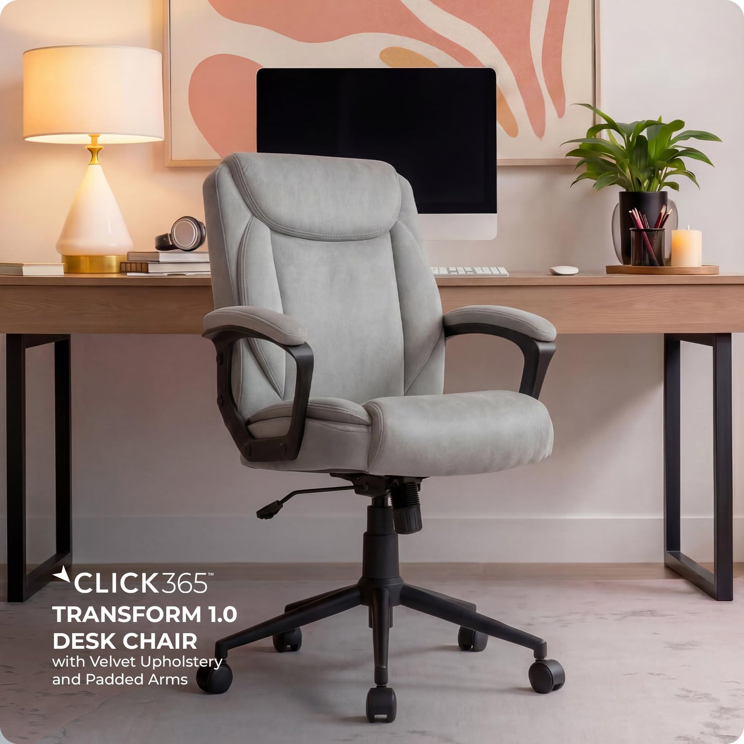 Click365 Transform 1.0 Ergonomic Office Chair, Mid Back Desk Chair with Padded Arms, Lumbar Support, Adjustable Height, Tilt Recline, Swivel Computer Chair, Fabric, Light Grey