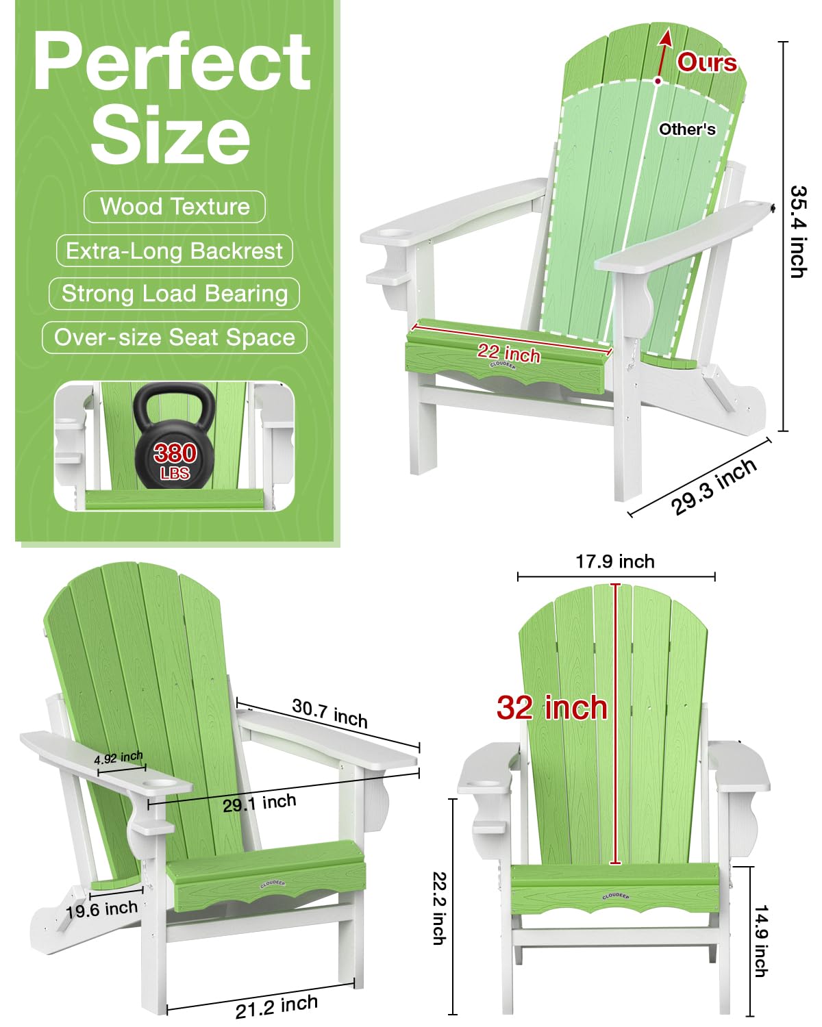 Folding Adirondack Chair –Recyclable HDPE Outdoor Adirondack Patio Chair with Cup Holder, Wood Texture & Umbrella Hole, 25-Year Fade-Free All Weather for Fire Pit, Porch, Poolside, Deck, Lime & White